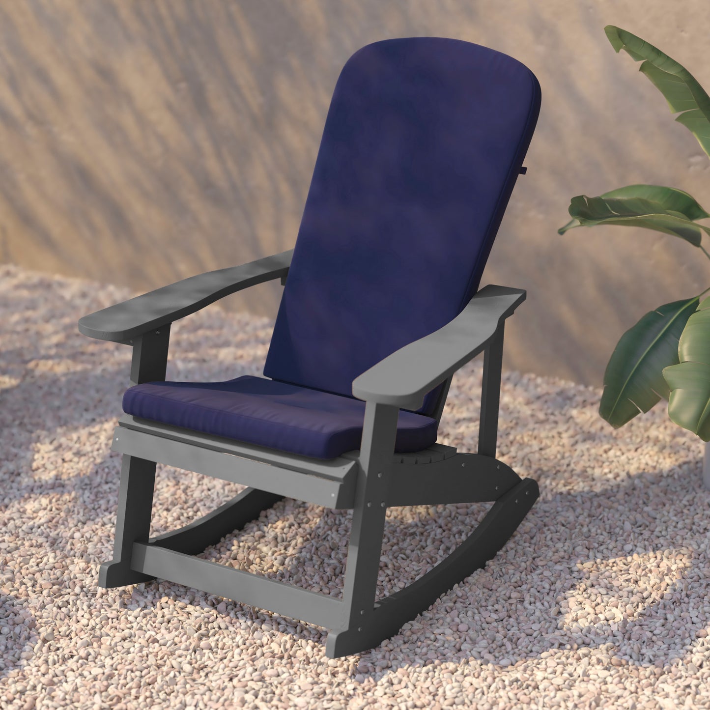 Savannah Set of 2 All-Weather Poly Resin Wood Adirondack Rocking Chairs in Gray with Blue Cushions for Deck, Porch, and Patio Blue Cushions/Gray Frame