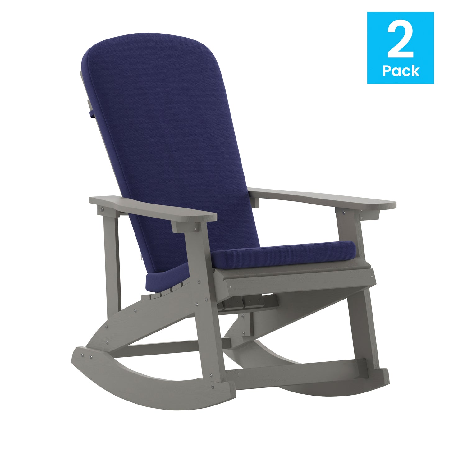 Savannah Set of 2 All-Weather Poly Resin Wood Adirondack Rocking Chairs in Gray with Blue Cushions for Deck, Porch, and Patio Blue Cushions/Gray Frame