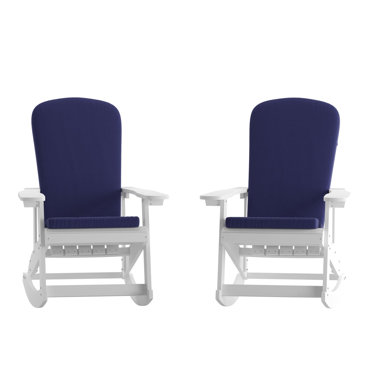 Savannah Set of 2 All-Weather Poly Resin Wood Adirondack Rocking Chairs in White with Blue Cushions for Deck, Porch, and Patio Blue Cushions/White Frame