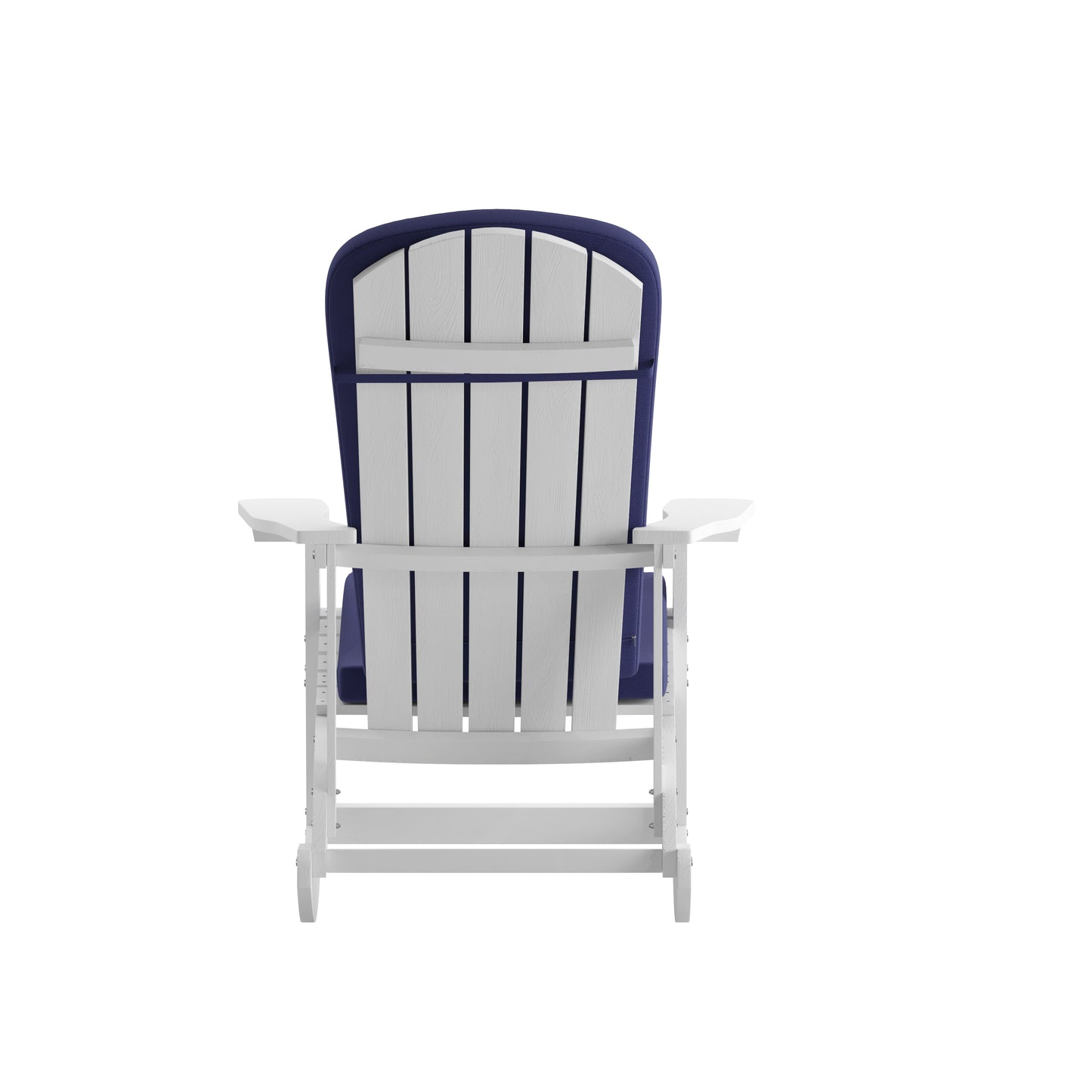 Savannah Set of 2 All-Weather Poly Resin Wood Adirondack Rocking Chairs in White with Blue Cushions for Deck, Porch, and Patio Blue Cushions/White Frame