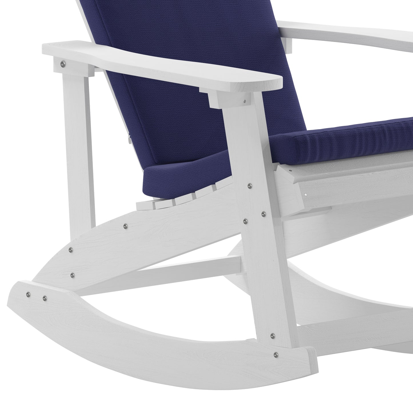 Savannah Set of 2 All-Weather Poly Resin Wood Adirondack Rocking Chairs in White with Blue Cushions for Deck, Porch, and Patio Blue Cushions/White Frame