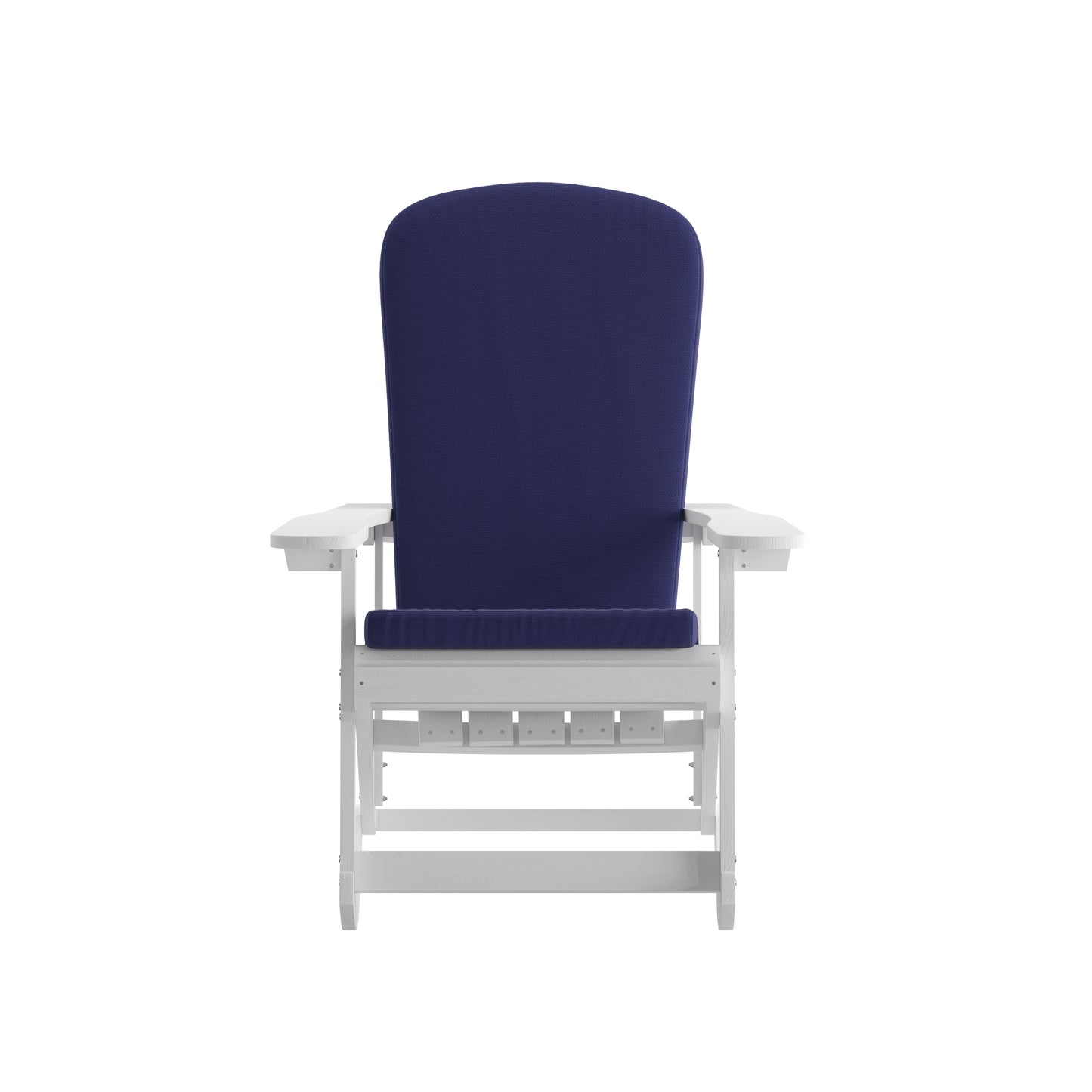 Savannah Set of 2 All-Weather Poly Resin Wood Adirondack Rocking Chairs in White with Blue Cushions for Deck, Porch, and Patio Blue Cushions/White Frame