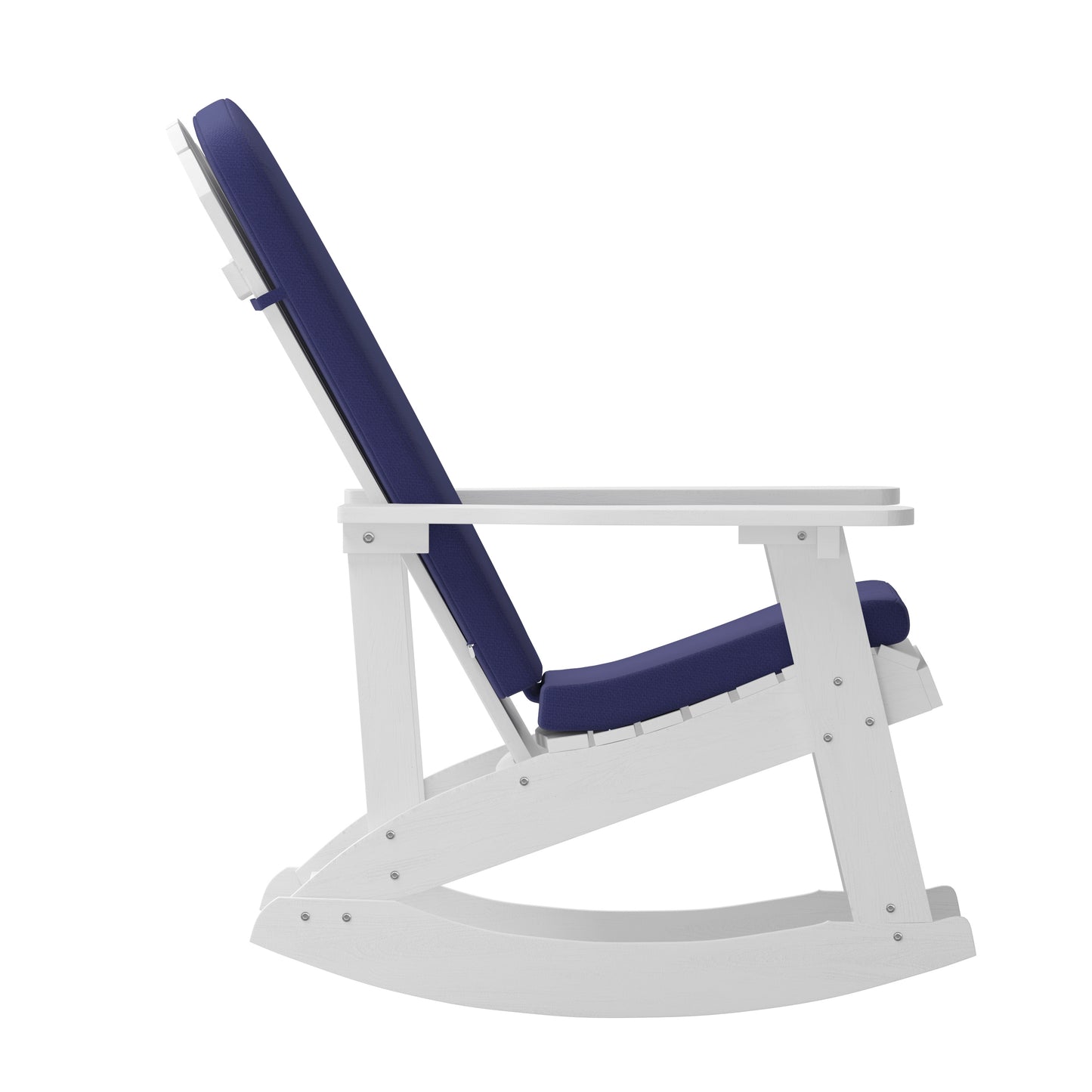 Savannah Set of 2 All-Weather Poly Resin Wood Adirondack Rocking Chairs in White with Blue Cushions for Deck, Porch, and Patio Blue Cushions/White Frame