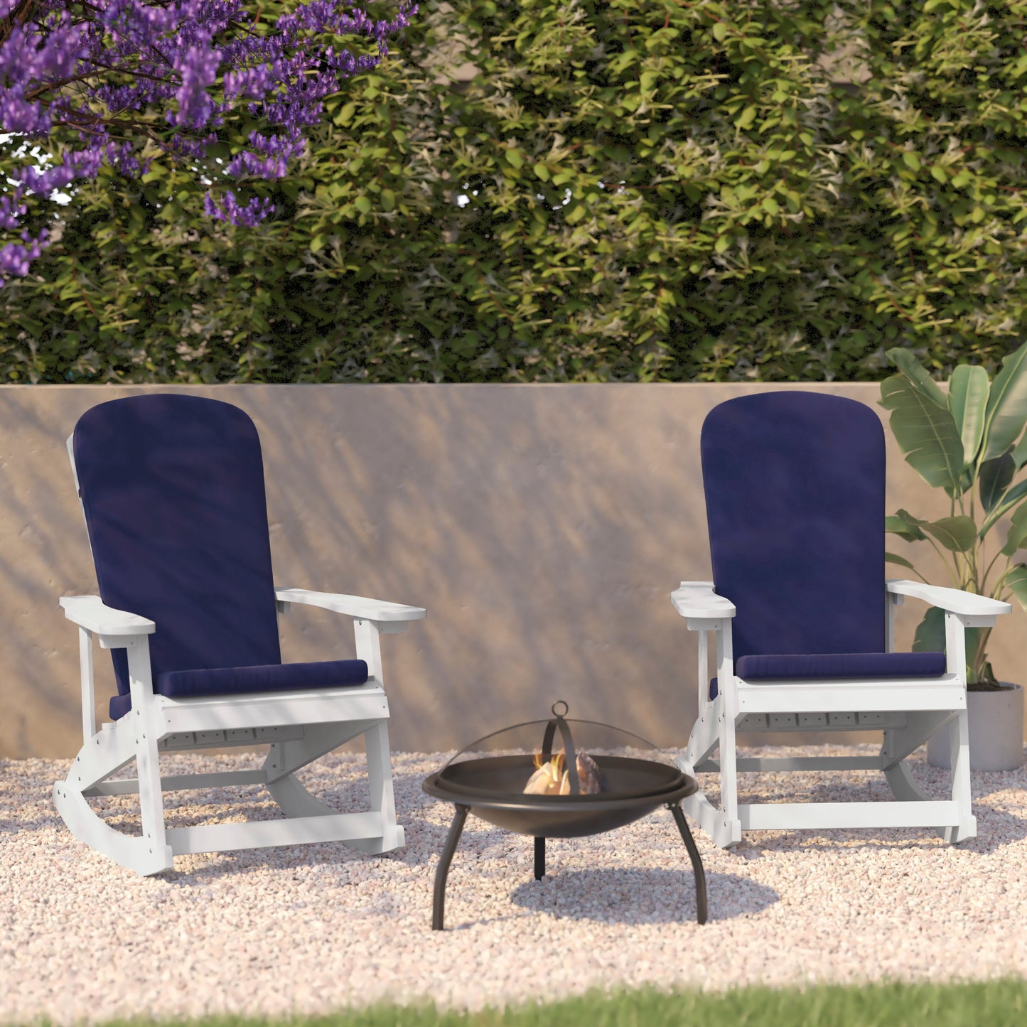 Savannah Set of 2 All-Weather Poly Resin Wood Adirondack Rocking Chairs in White with Blue Cushions for Deck, Porch, and Patio Blue Cushions/White Frame