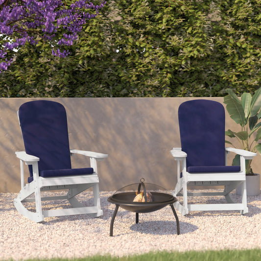 Savannah Set of 2 All-Weather Poly Resin Wood Adirondack Rocking Chairs in White with Blue Cushions for Deck, Porch, and Patio Blue Cushions/White Frame