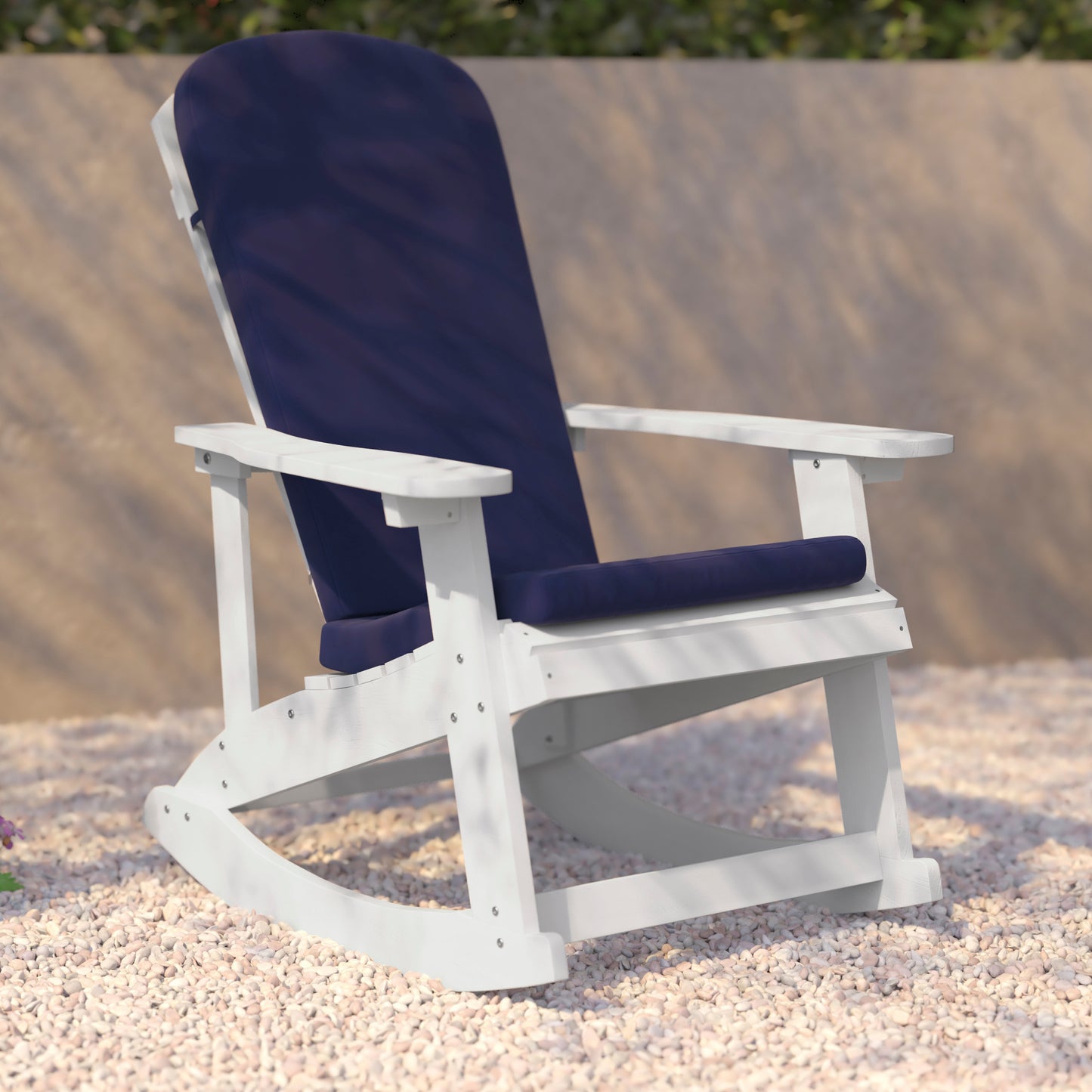 Savannah Set of 2 All-Weather Poly Resin Wood Adirondack Rocking Chairs in White with Blue Cushions for Deck, Porch, and Patio Blue Cushions/White Frame
