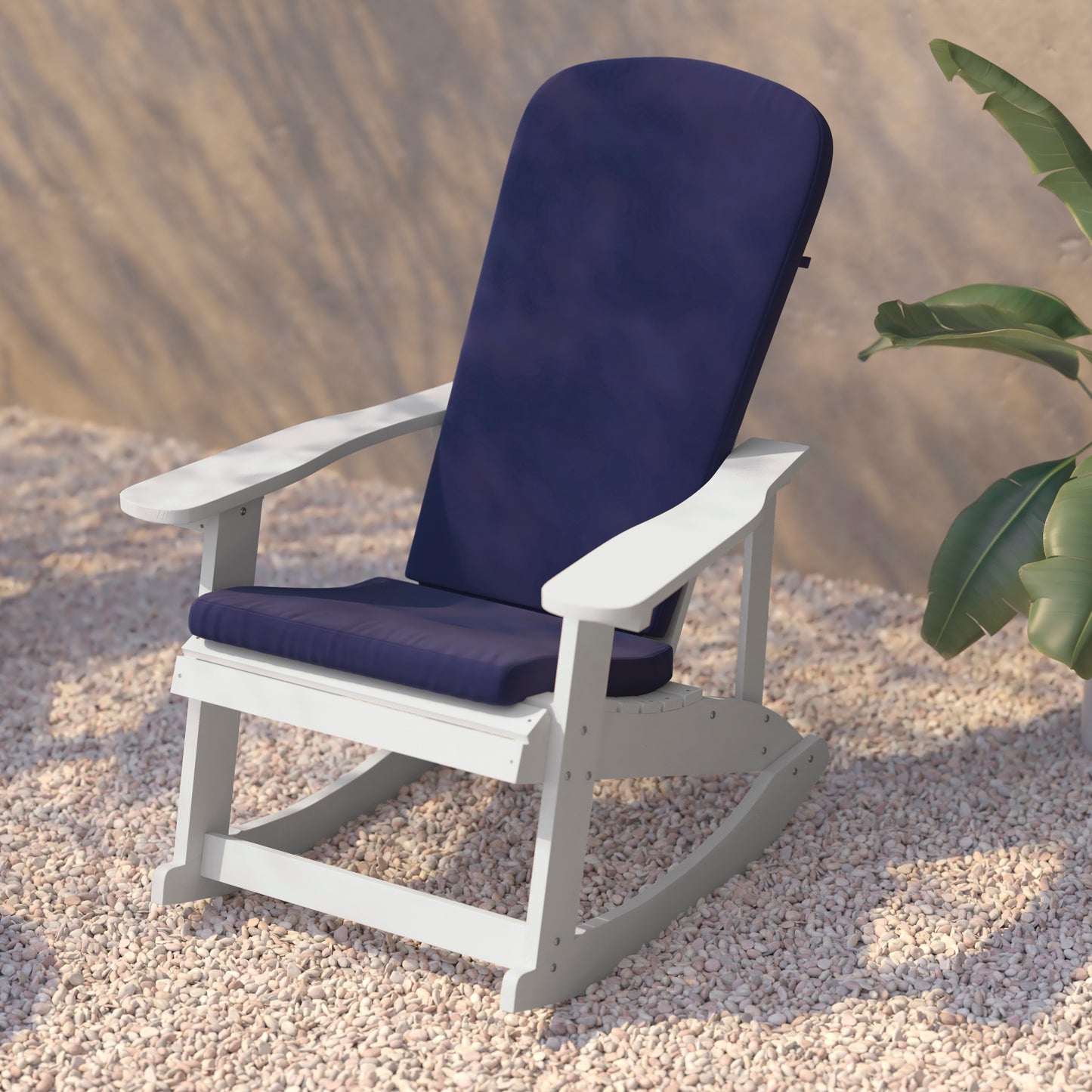 Savannah Set of 2 All-Weather Poly Resin Wood Adirondack Rocking Chairs in White with Blue Cushions for Deck, Porch, and Patio Blue Cushions/White Frame
