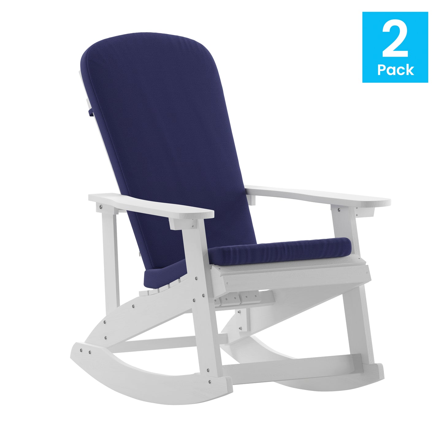 Savannah Set of 2 All-Weather Poly Resin Wood Adirondack Rocking Chairs in White with Blue Cushions for Deck, Porch, and Patio Blue Cushions/White Frame