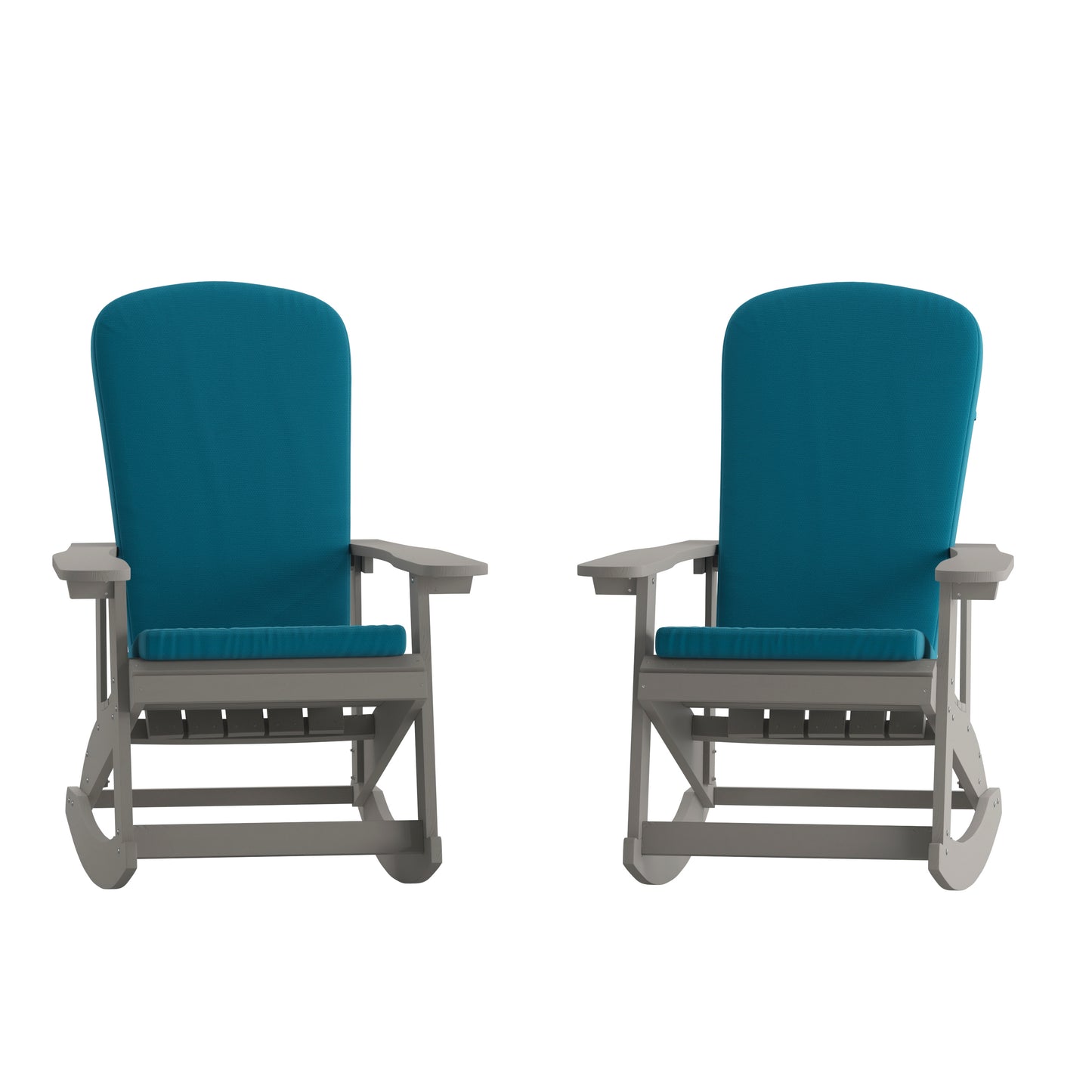 Savannah Set of 2 All-Weather Poly Resin Wood Adirondack Rocking Chairs in Gray with Teal Cushions for Deck, Porch, and Patio Teal Cushions/Gray Frame 2-JJ-C14705-CSNTL-GY-GG