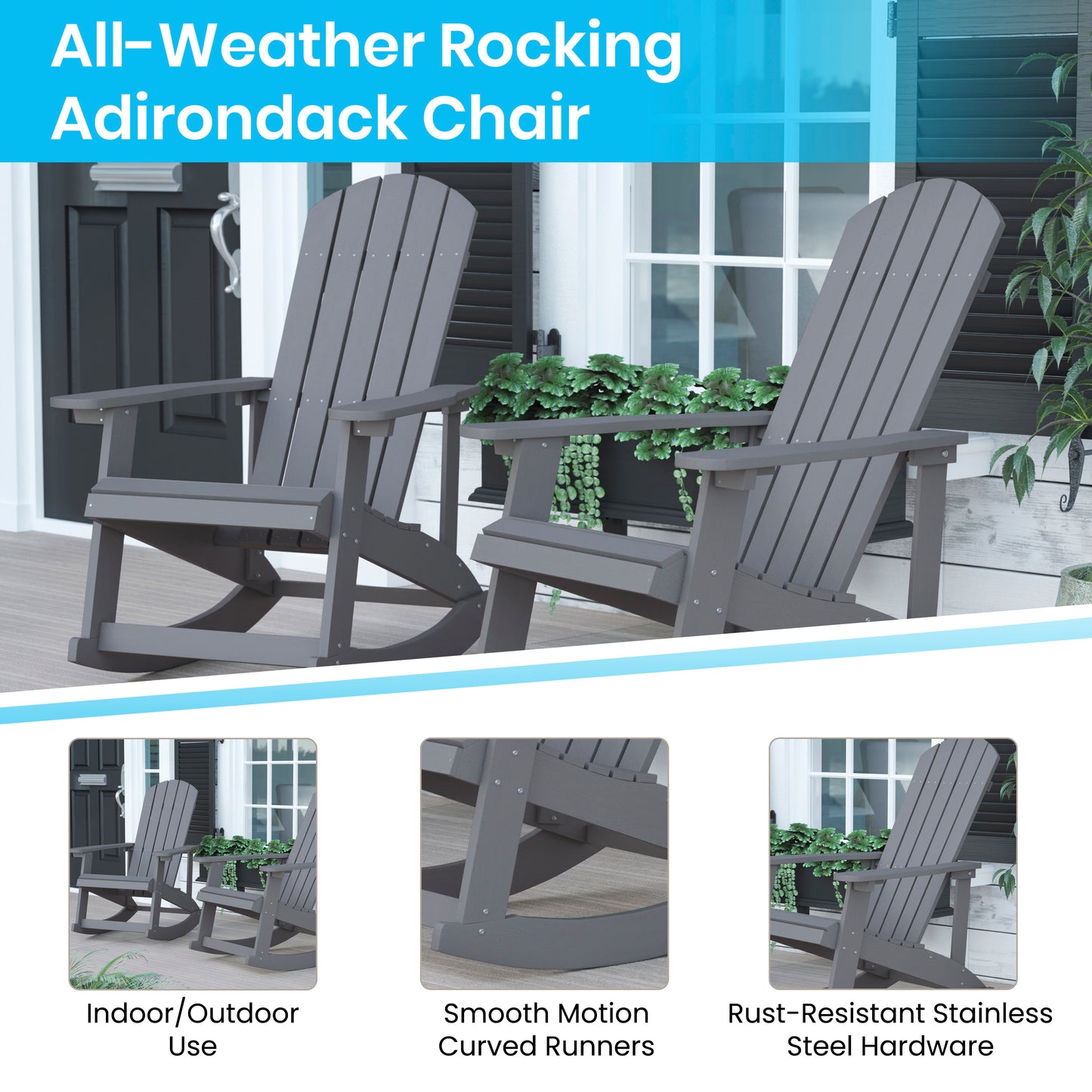 Savannah Set of 2 All-Weather Poly Resin Wood Adirondack Rocking Chairs in Gray with Teal Cushions for Deck, Porch, and Patio Teal Cushions/Gray Frame 2-JJ-C14705-CSNTL-GY-GG