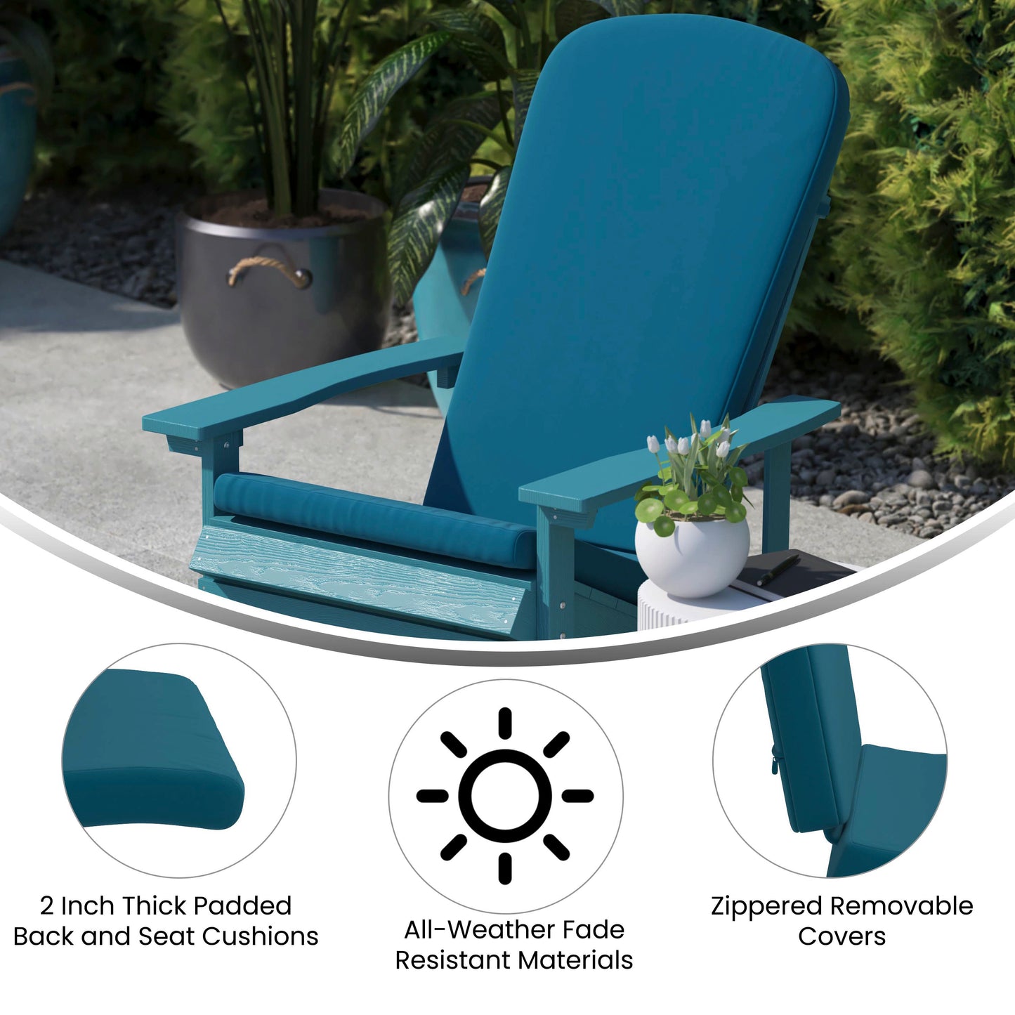 Savannah Set of 2 All-Weather Poly Resin Wood Adirondack Rocking Chairs in Gray with Teal Cushions for Deck, Porch, and Patio Teal Cushions/Gray Frame 2-JJ-C14705-CSNTL-GY-GG