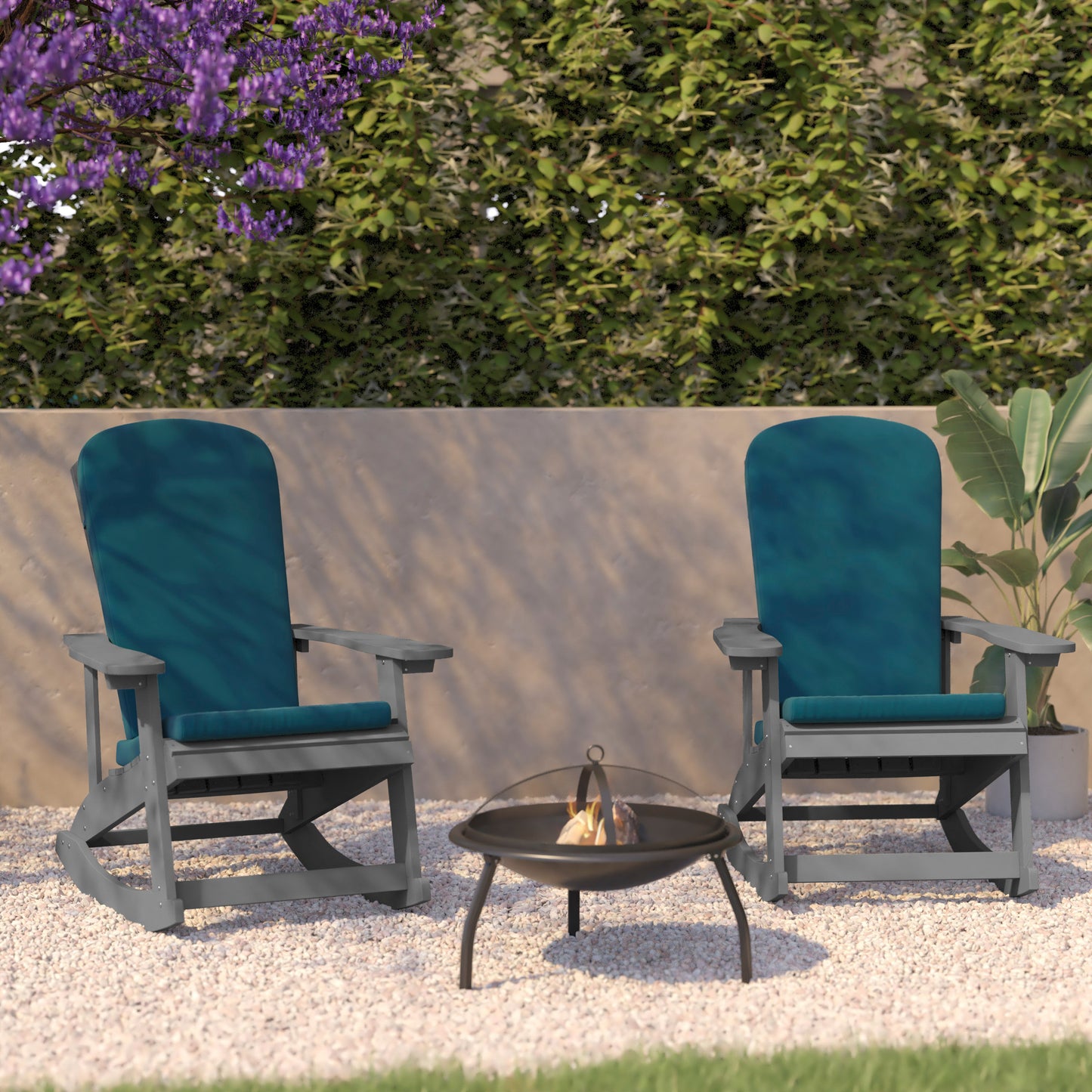 Savannah Set of 2 All-Weather Poly Resin Wood Adirondack Rocking Chairs in Gray with Teal Cushions for Deck, Porch, and Patio Teal Cushions/Gray Frame 2-JJ-C14705-CSNTL-GY-GG