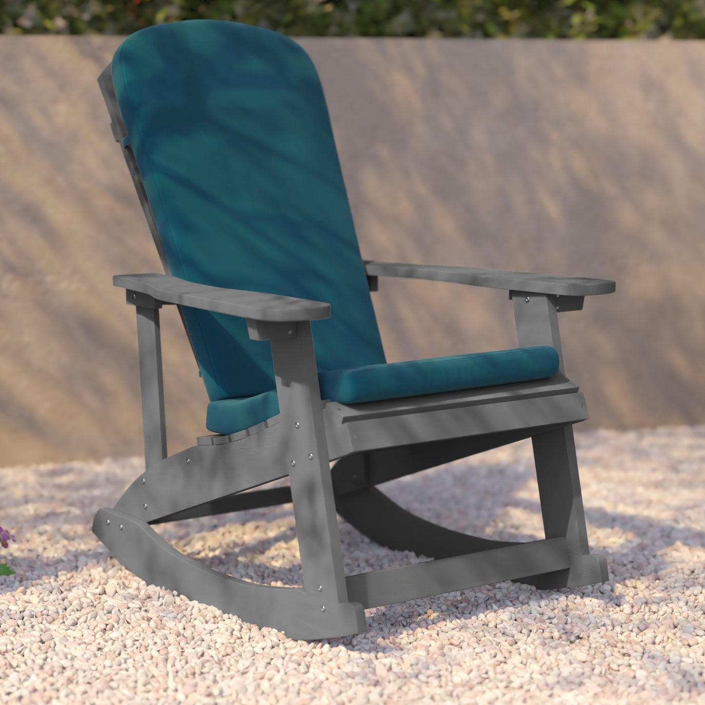Savannah Set of 2 All-Weather Poly Resin Wood Adirondack Rocking Chairs in Gray with Teal Cushions for Deck, Porch, and Patio Teal Cushions/Gray Frame 2-JJ-C14705-CSNTL-GY-GG