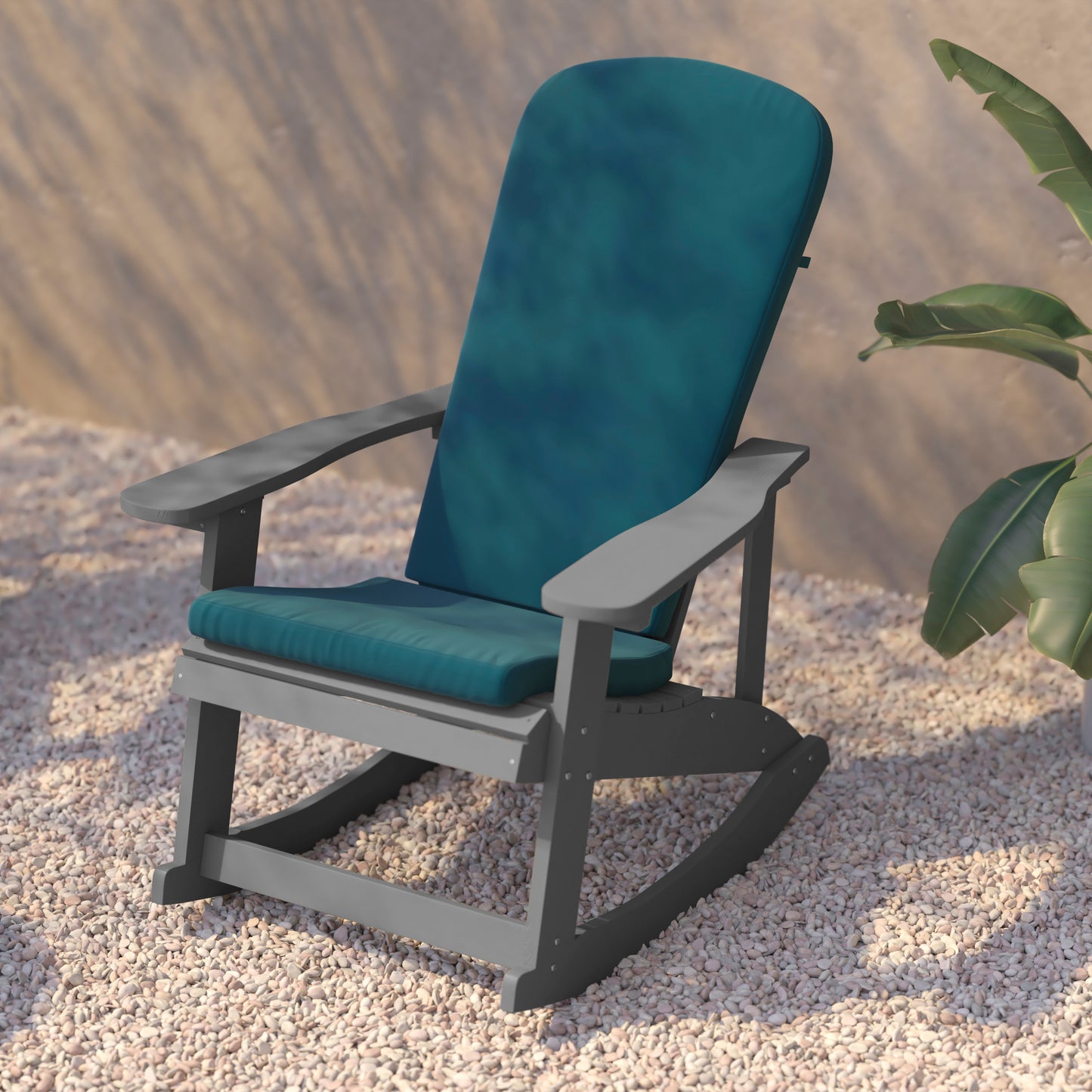 Savannah Set of 2 All-Weather Poly Resin Wood Adirondack Rocking Chairs in Gray with Teal Cushions for Deck, Porch, and Patio Teal Cushions/Gray Frame 2-JJ-C14705-CSNTL-GY-GG