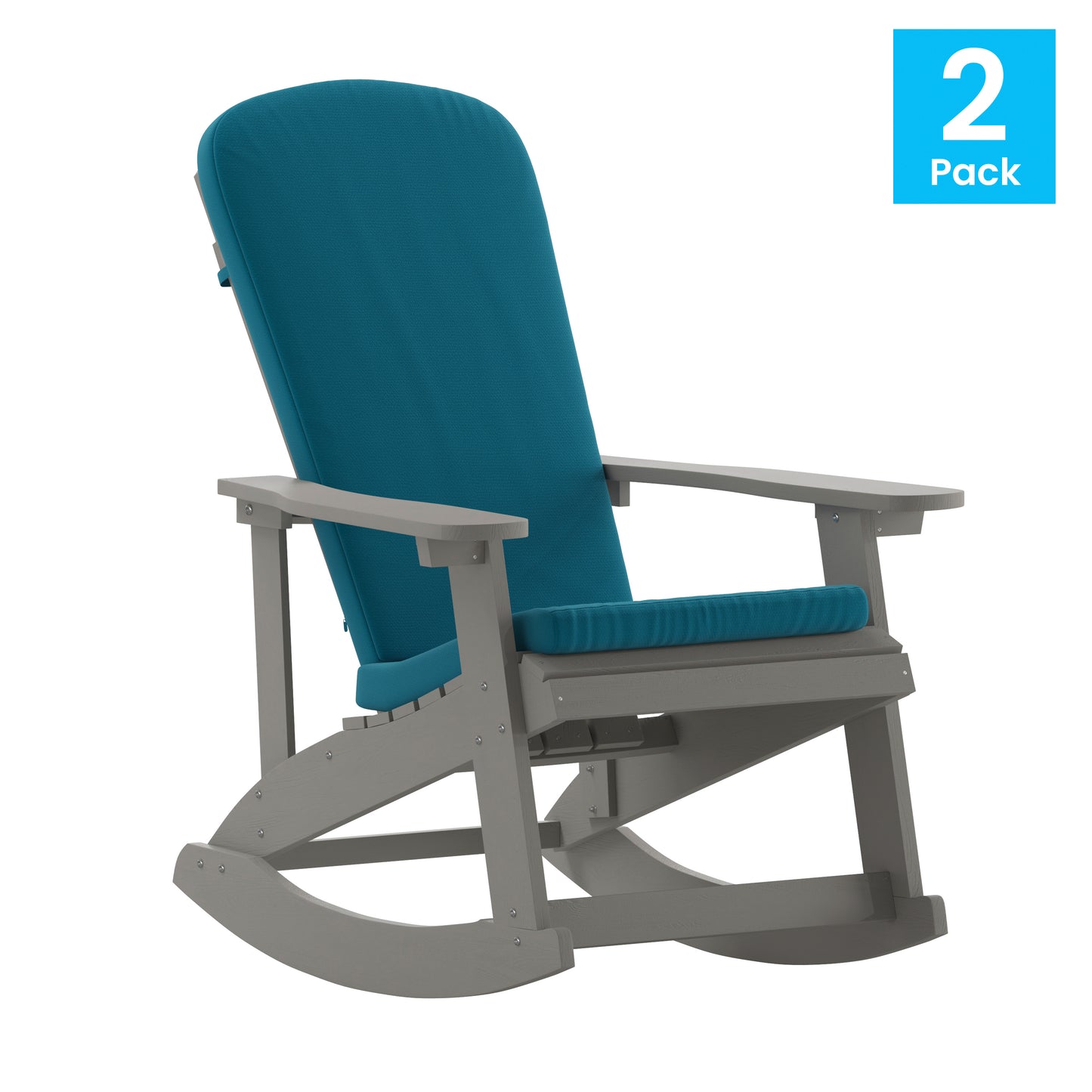 Savannah Set of 2 All-Weather Poly Resin Wood Adirondack Rocking Chairs in Gray with Teal Cushions for Deck, Porch, and Patio Teal Cushions/Gray Frame 2-JJ-C14705-CSNTL-GY-GG