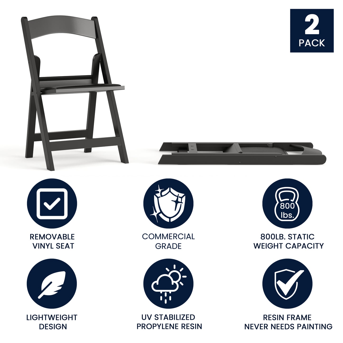 Hercules Folding Chair - Black Resin - 2 Pack 800LB Weight Capacity Comfortable Event Chair - Light Weight Folding Chair Black