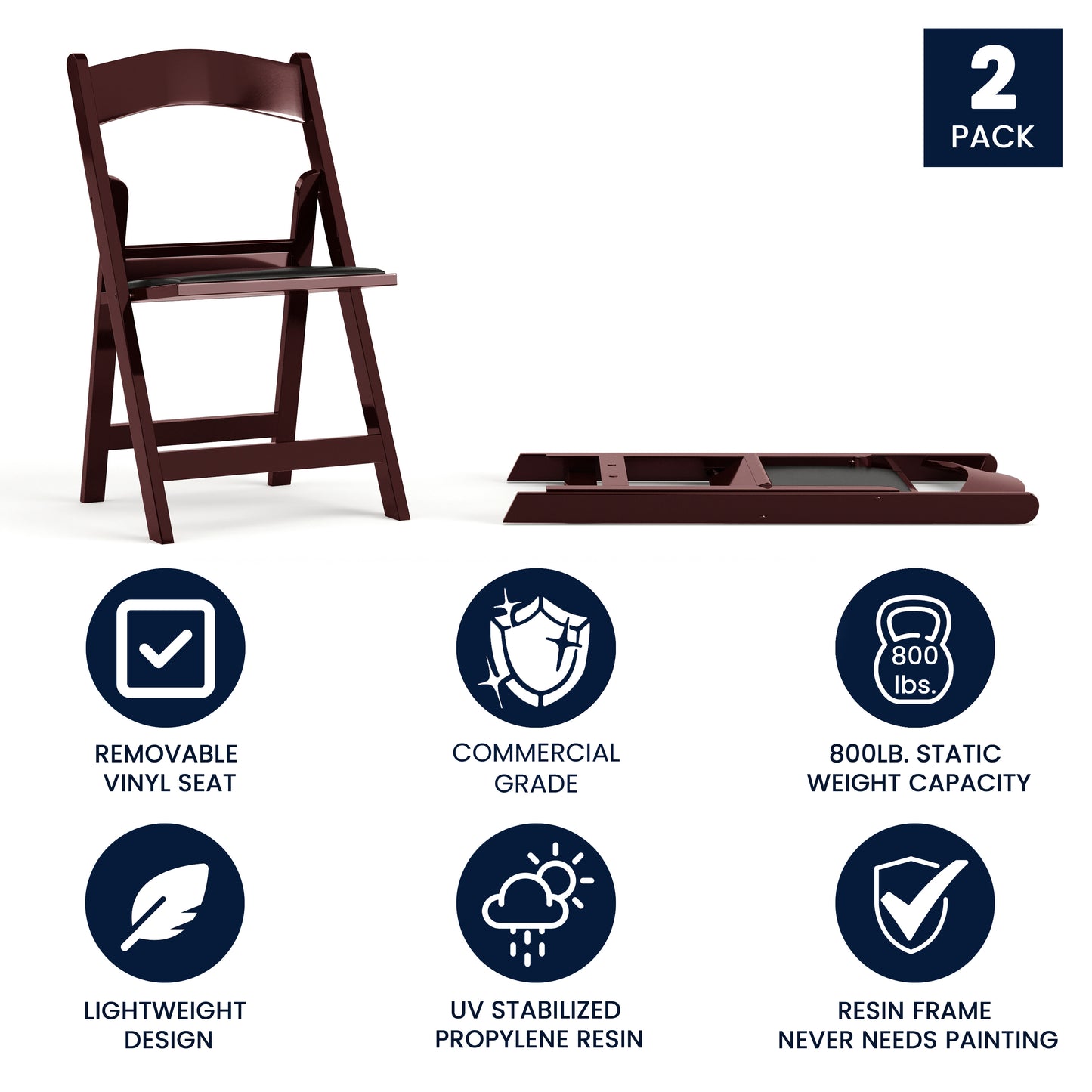 Hercules Folding Chair - Red Mahogany Resin - 2 Pack 800LB Weight Capacity Comfortable Event Chair - Light Weight Folding Chair Red Mahogany