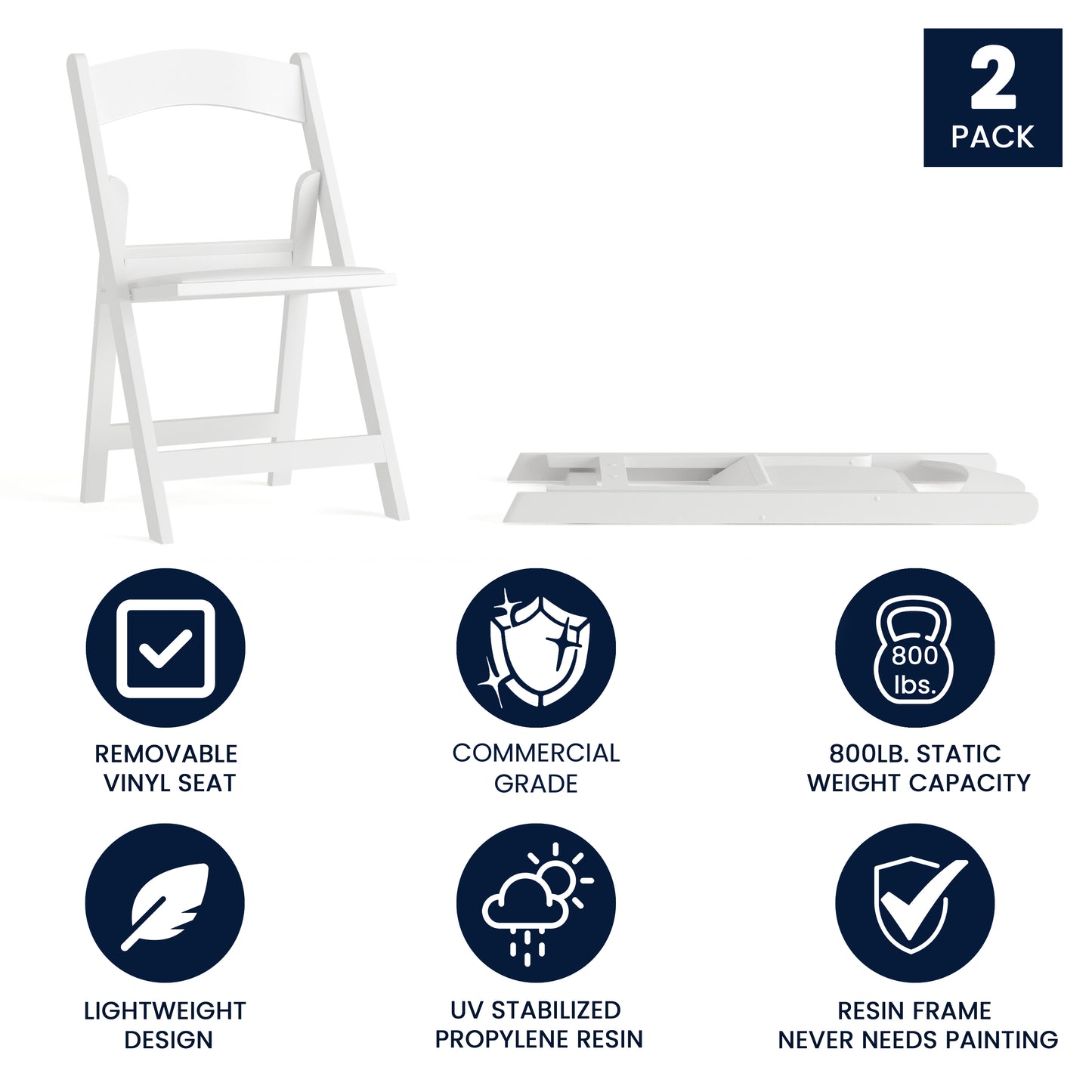 Hercules Folding Chair - White Resin - 2 Pack 800LB Weight Capacity Comfortable Event Chair - Light Weight Folding Chair White