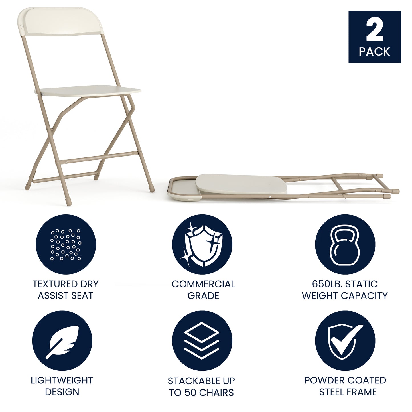 Hercules Series Plastic Folding Chair Beige - 2 Pack 650LB Weight Capacity Comfortable Event Chair-Lightweight Folding Chair Beige