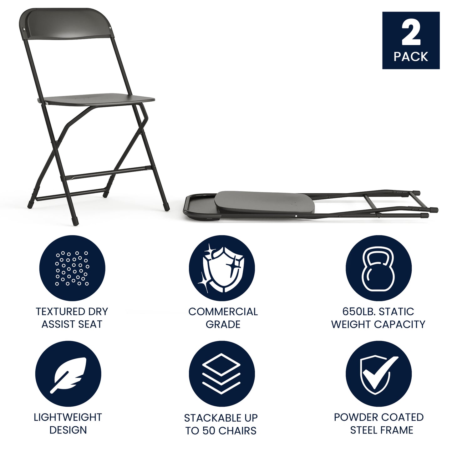 Hercules Series Plastic Folding Chair Black - 2 Pack 650LB Weight Capacity Comfortable Event Chair-Lightweight Folding Chair Black