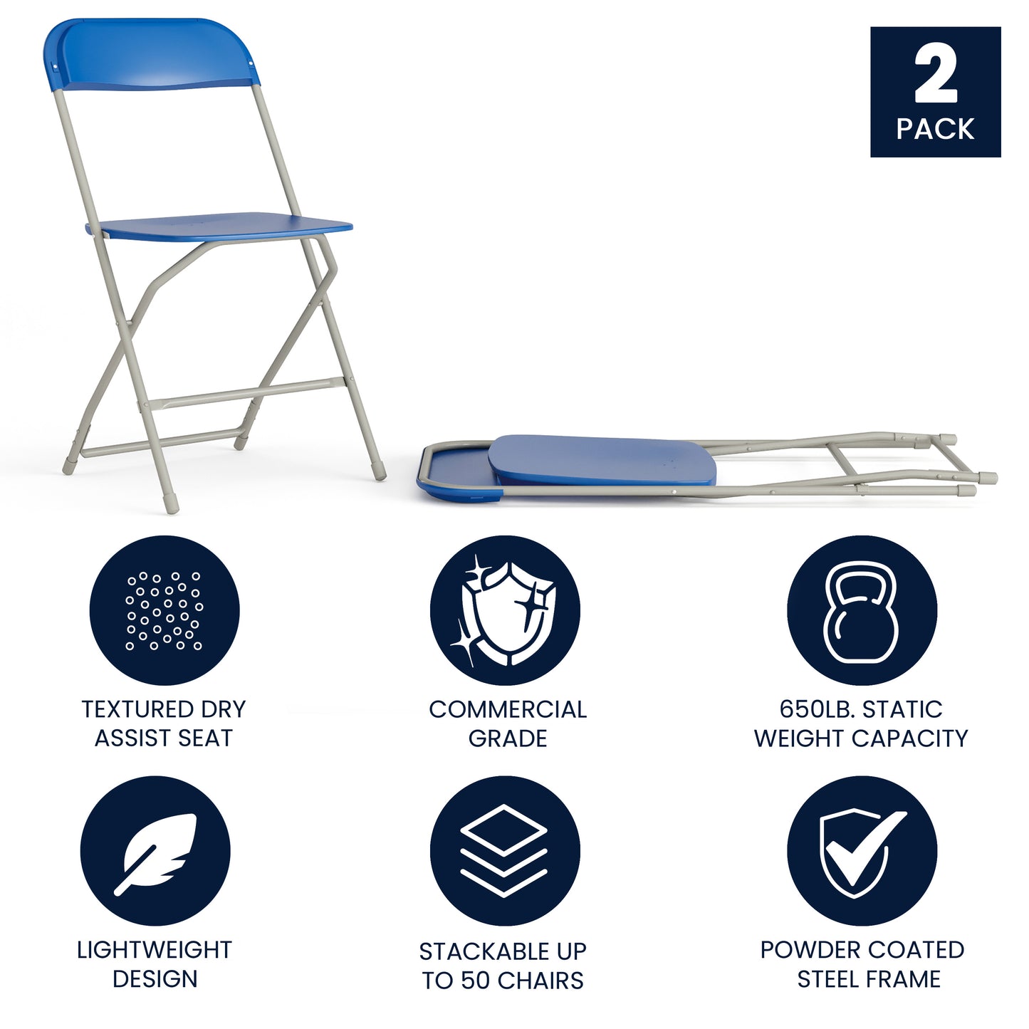 Hercules Series Plastic Folding Chair Blue - 2 Pack 650LB Weight Capacity Comfortable Event Chair-Lightweight Folding Chair Blue