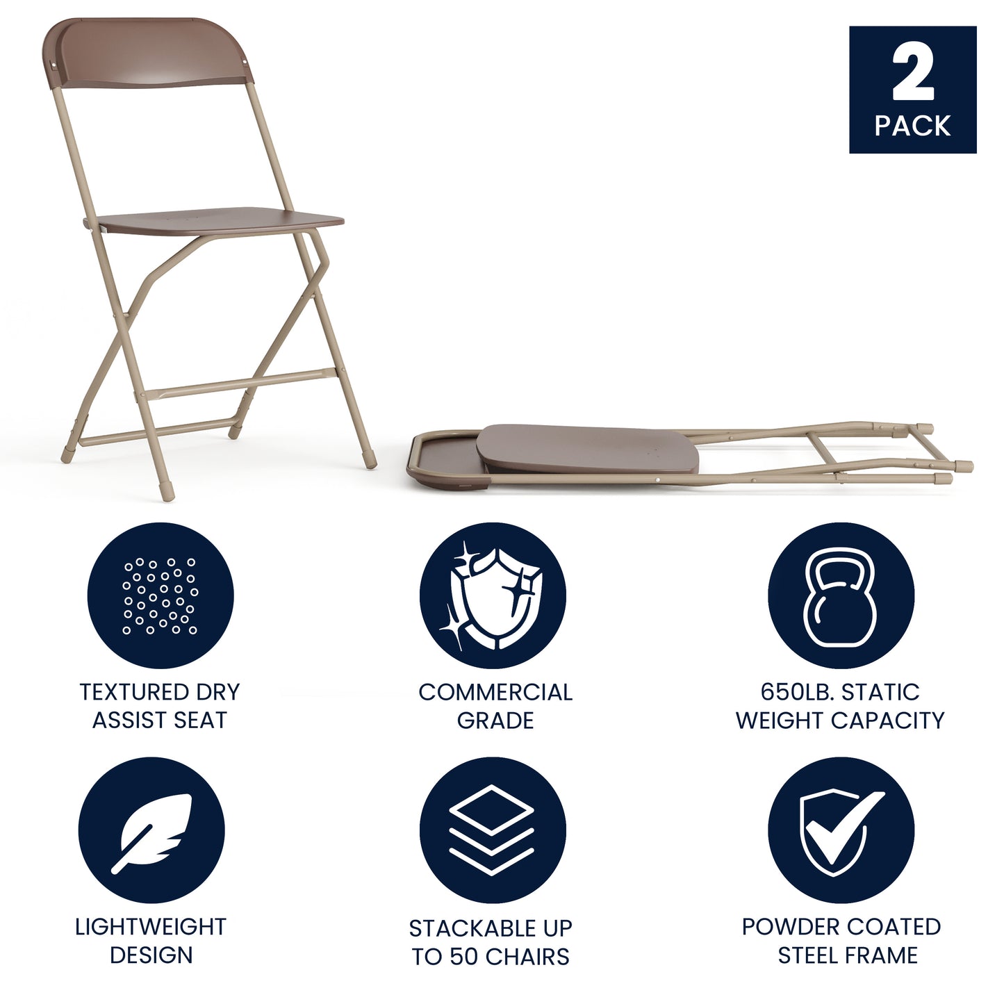 Hercules Series Plastic Folding Chair Brown - 2 Pack 650LB Weight Capacity Comfortable Event Chair-Lightweight Folding Chair Brown 2-LE-L-3-BROWN-GG