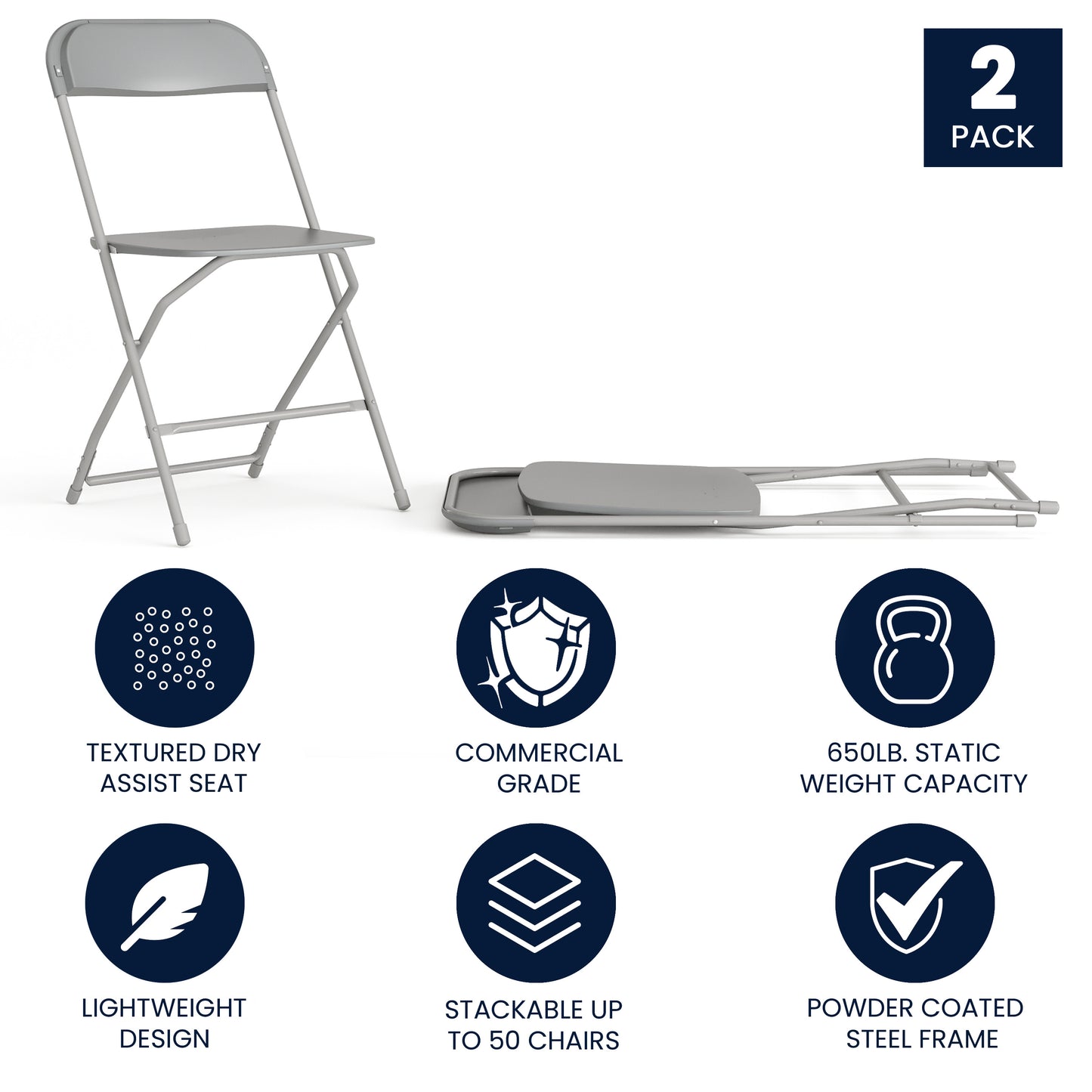 Hercules Series Plastic Folding Chair Grey - 2 Pack 650LB Weight Capacity Comfortable Event Chair-Lightweight Folding Chair Grey