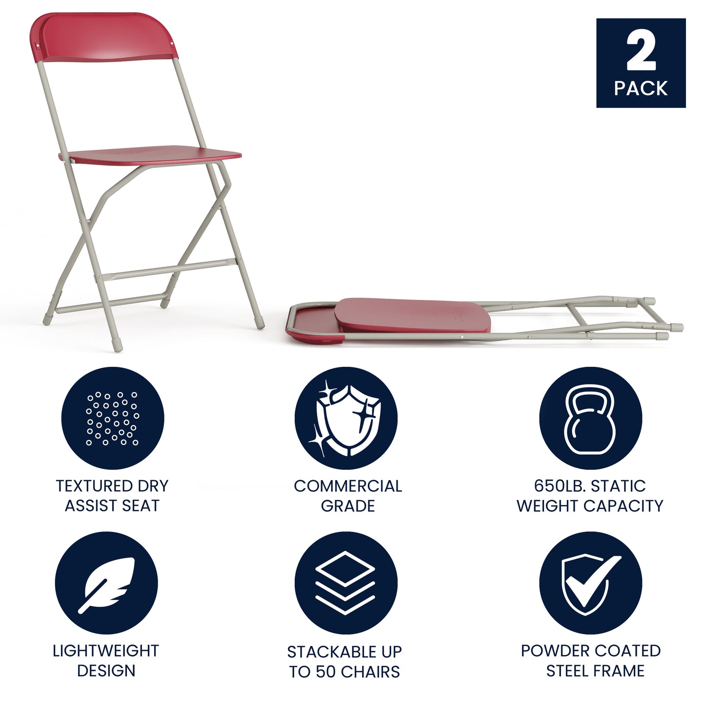 Hercules Series Plastic Folding Chair Red - 2 Pack 650LB Weight Capacity Comfortable Event Chair - Lightweight Folding Chair Red