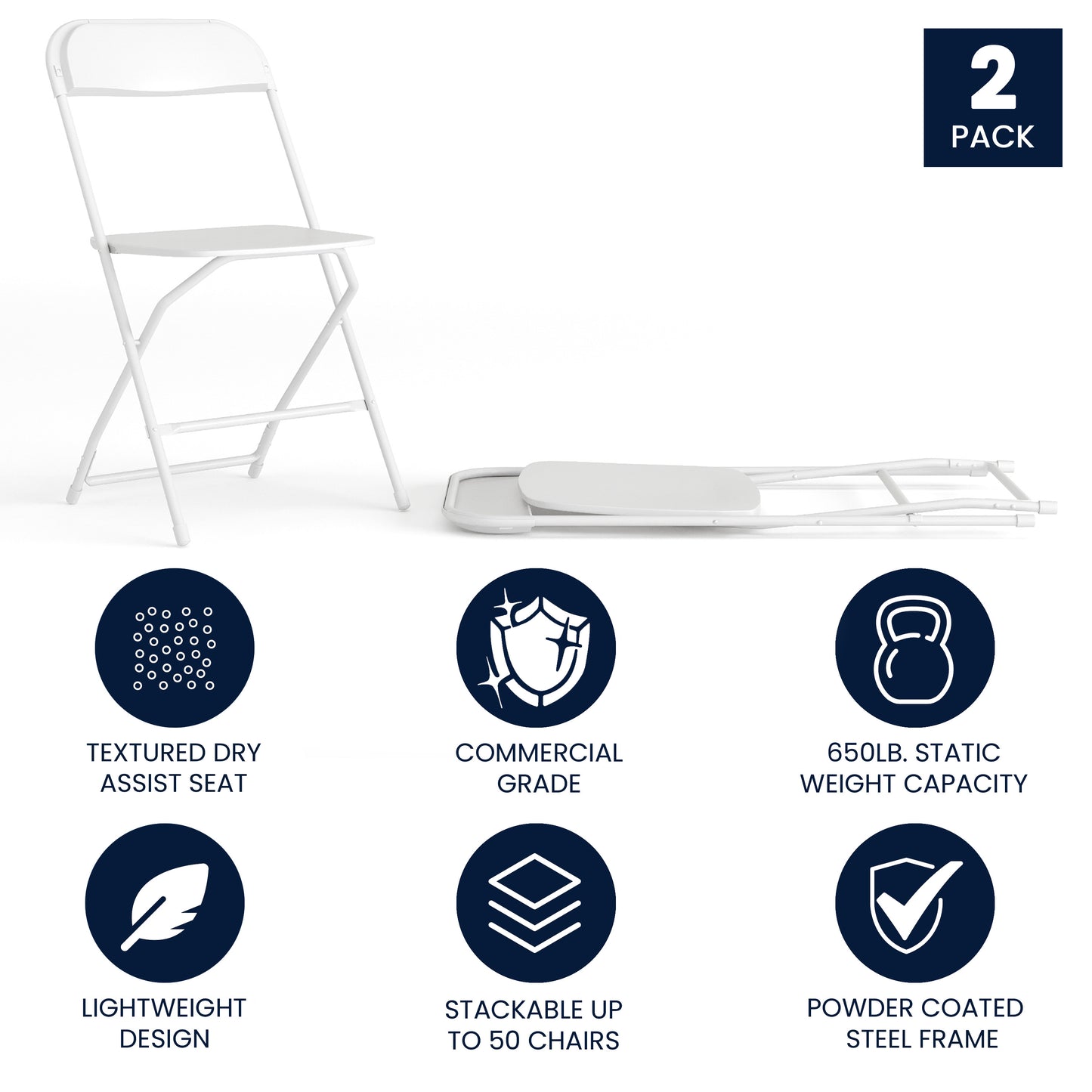 Hercules Series Plastic Folding Chair White - 2 Pack 650LB Weight Capacity Comfortable Event Chair-Lightweight Folding Chair White