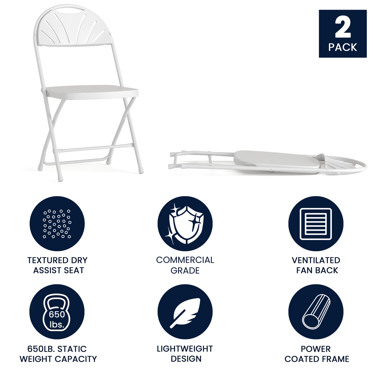 2 Pack HERCULES Series 650 lb. Capacity White Plastic Fan Back Folding Chair White 2-LE-L-4-WHITE-GG