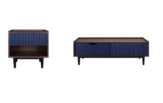 Manhattan Comfort Duane Modern Ribbed Nightstand and Coffee Table in Dark Brown and Navy Blue