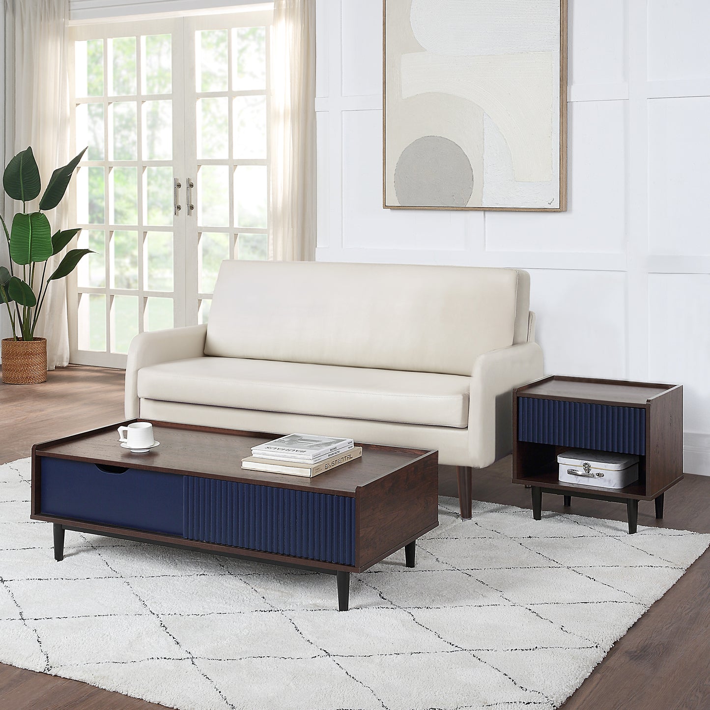 Duane Mid-Century Modern 2-Piece Coffee Table & End Table Set in Navy Blue 2-NC-12GLF-NB