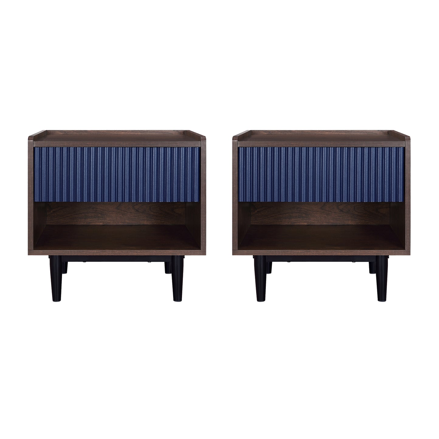 Manhattan Comfort Duane Modern Ribbed Nightstand with Full Extension Drawer in Dark Brown and Navy Blue- Set of 2 2-NS-10GLF-NB