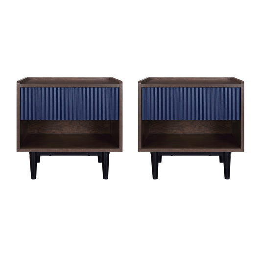 Manhattan Comfort Duane Modern Ribbed Nightstand with Full Extension Drawer in Dark Brown and Navy Blue- Set of 2 2-NS-10GLF-NB