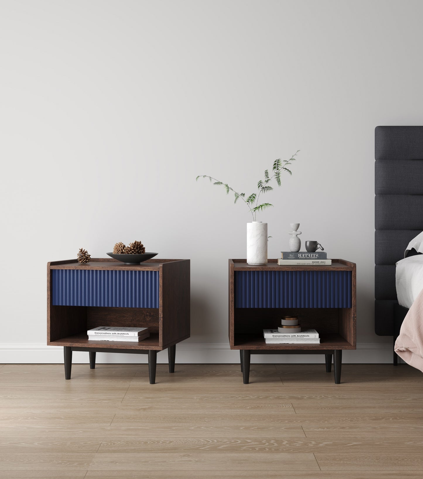 Manhattan Comfort Duane Modern Ribbed Nightstand with Full Extension Drawer in Dark Brown and Navy Blue- Set of 2 2-NS-10GLF-NB