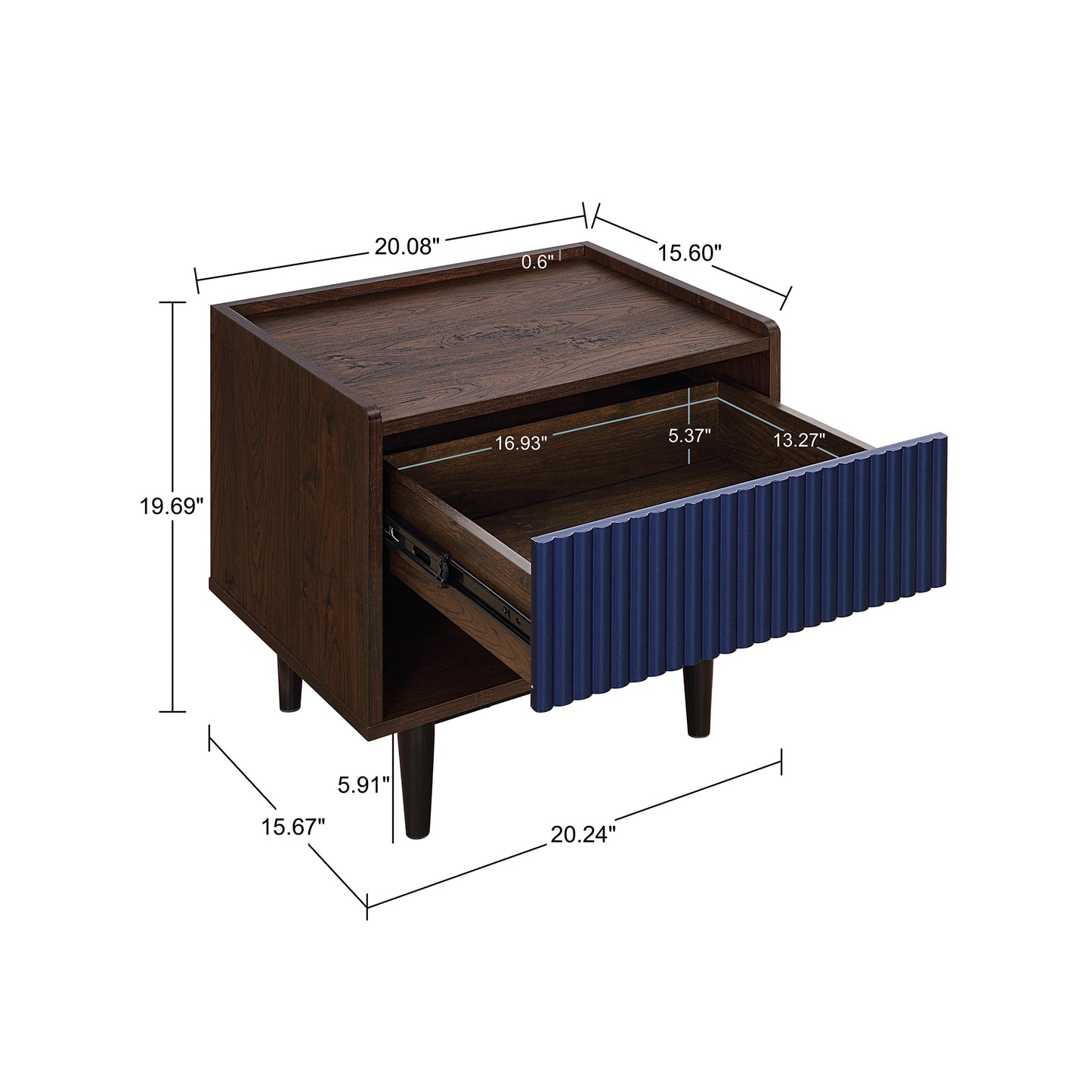 Manhattan Comfort Duane Modern Ribbed Nightstand with Full Extension Drawer in Dark Brown and Navy Blue- Set of 2 2-NS-10GLF-NB