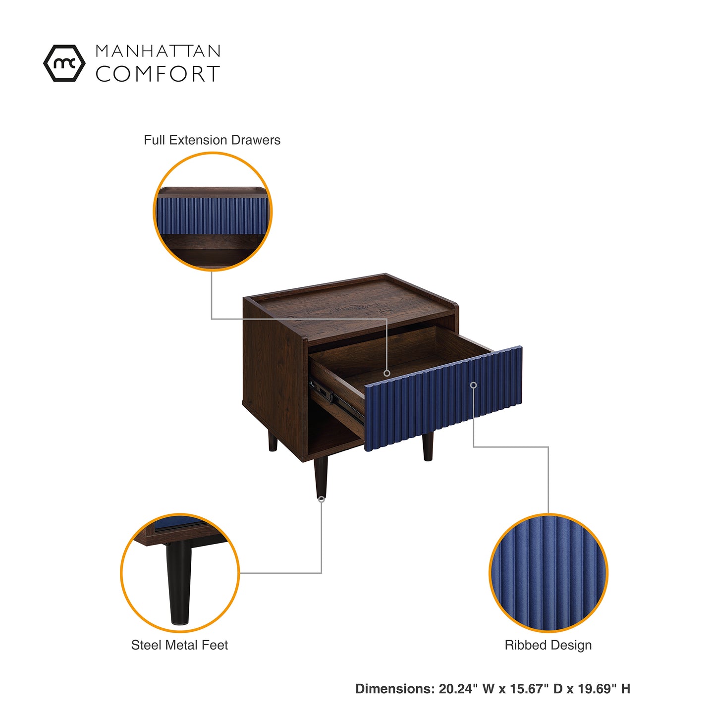 Manhattan Comfort Duane Modern Ribbed Nightstand with Full Extension Drawer in Dark Brown and Navy Blue- Set of 2 2-NS-10GLF-NB