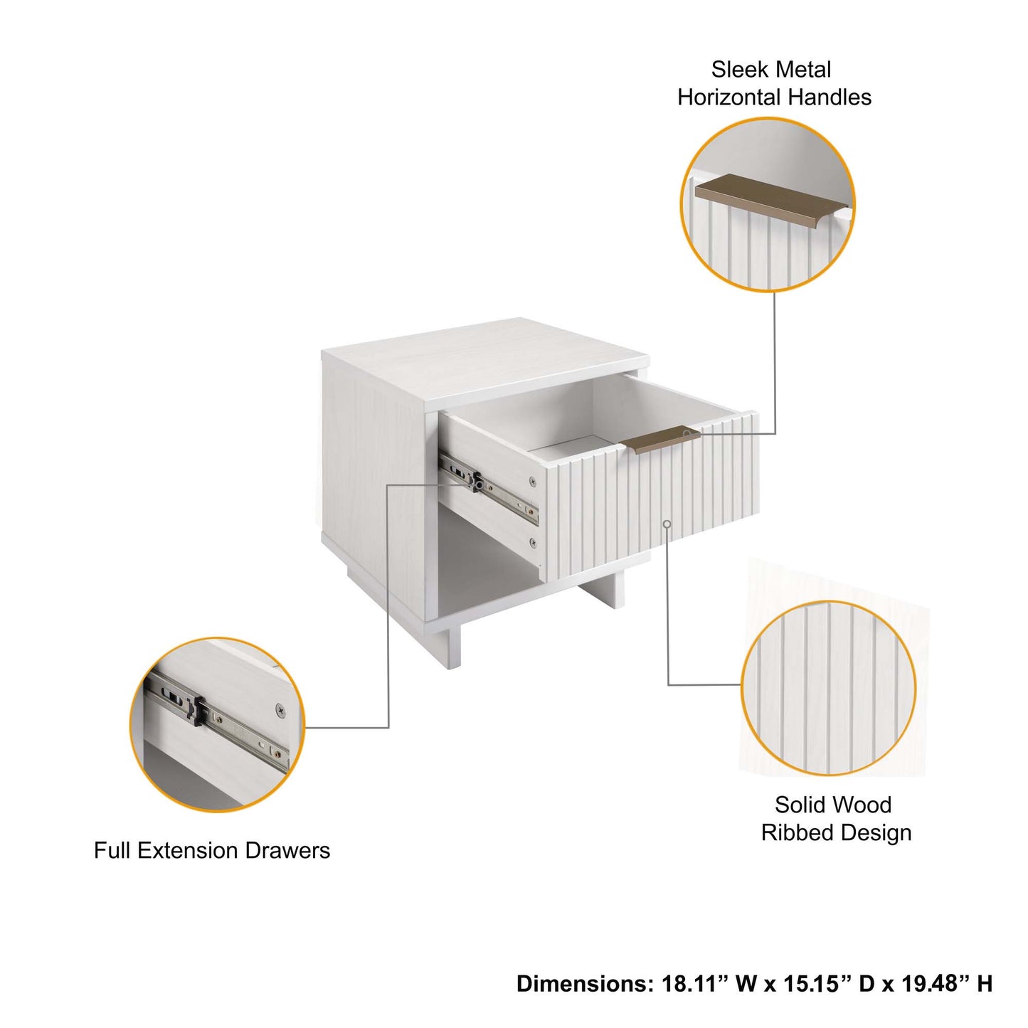 Granville Modern 18" Nightstand in White (1-Drawer) - Set of 2 2-NS-5001