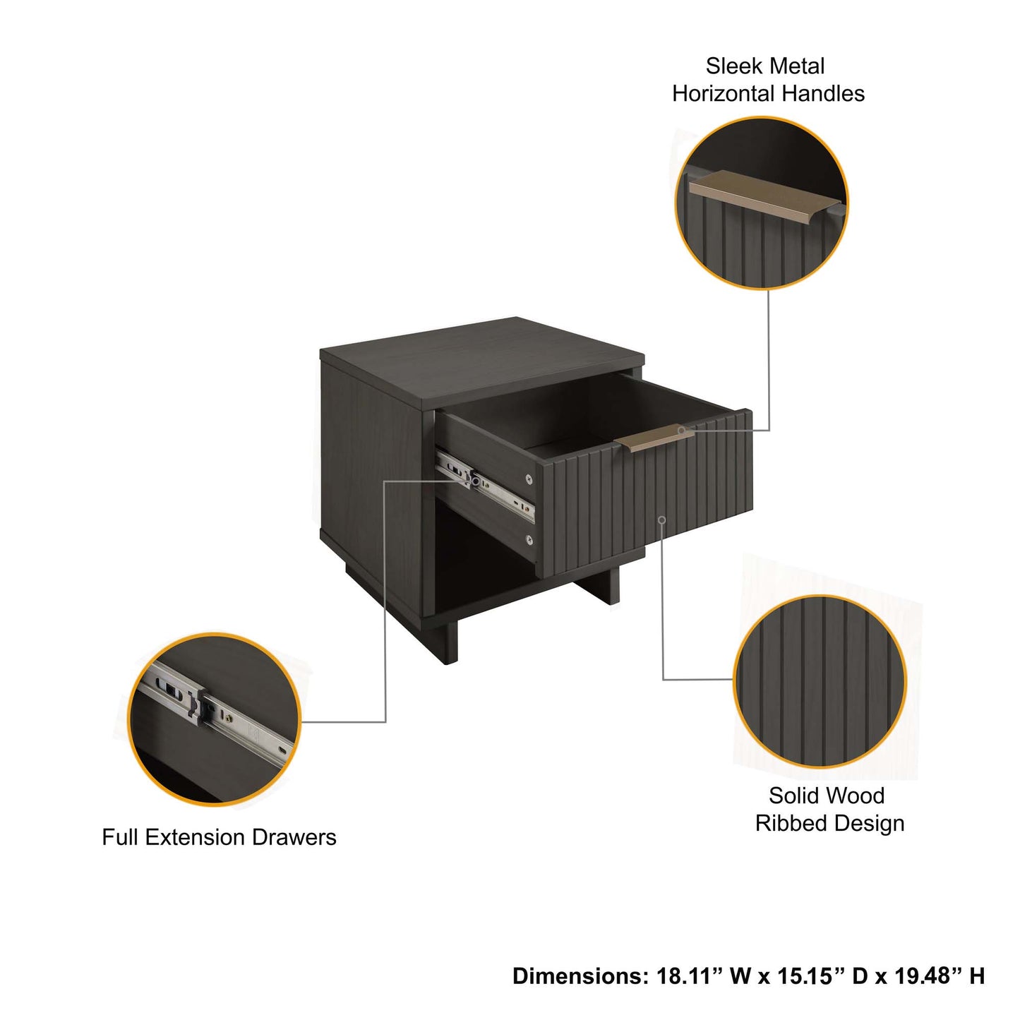 Granville Modern 18" Nightstand in Charcoal Gray (1-Drawer) - Set of 2 2-NS-5005