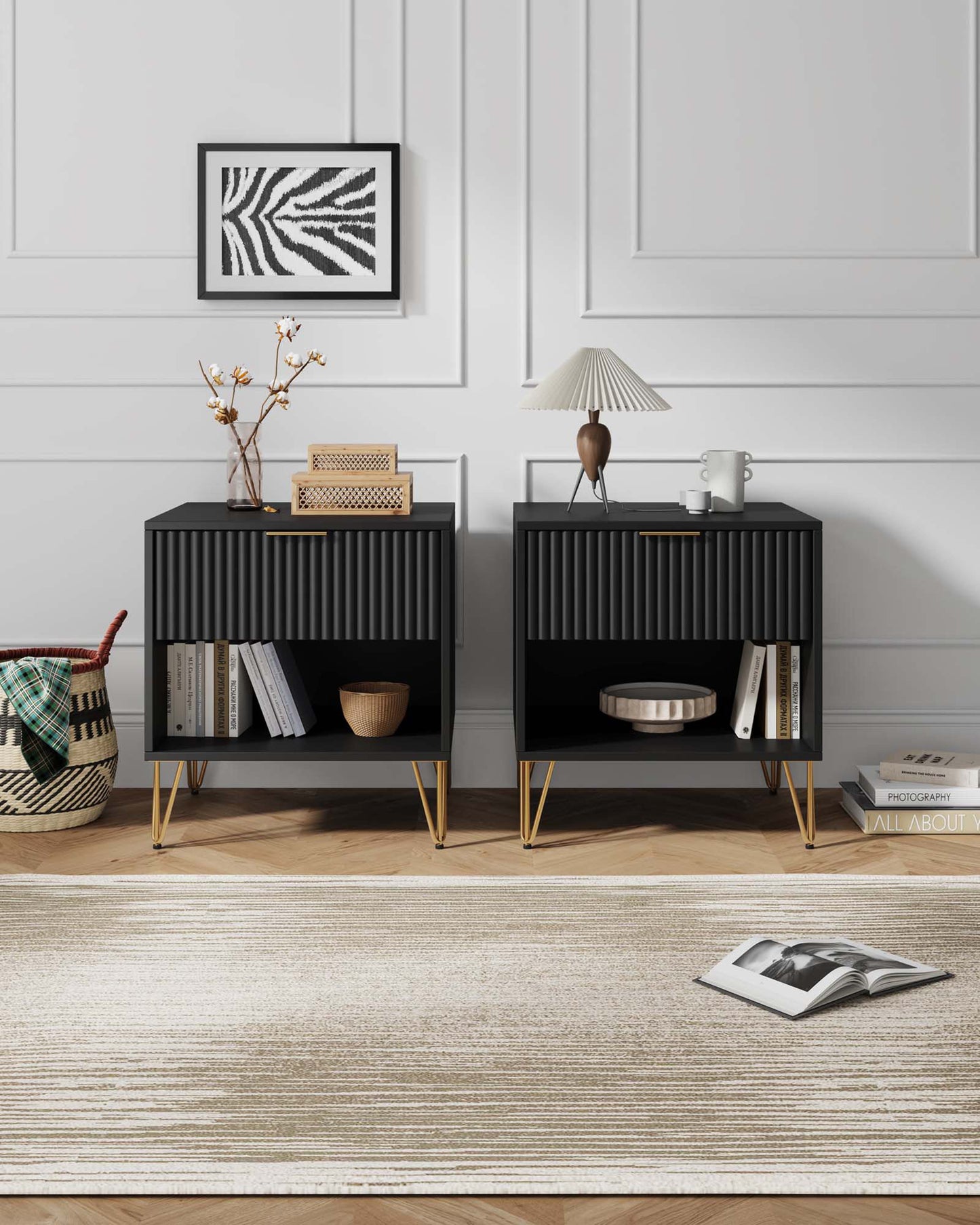 Dumbo Modern 20" Fluted Nightstand in Black (1-Drawer) - Set of 2 2-NS001-BK
