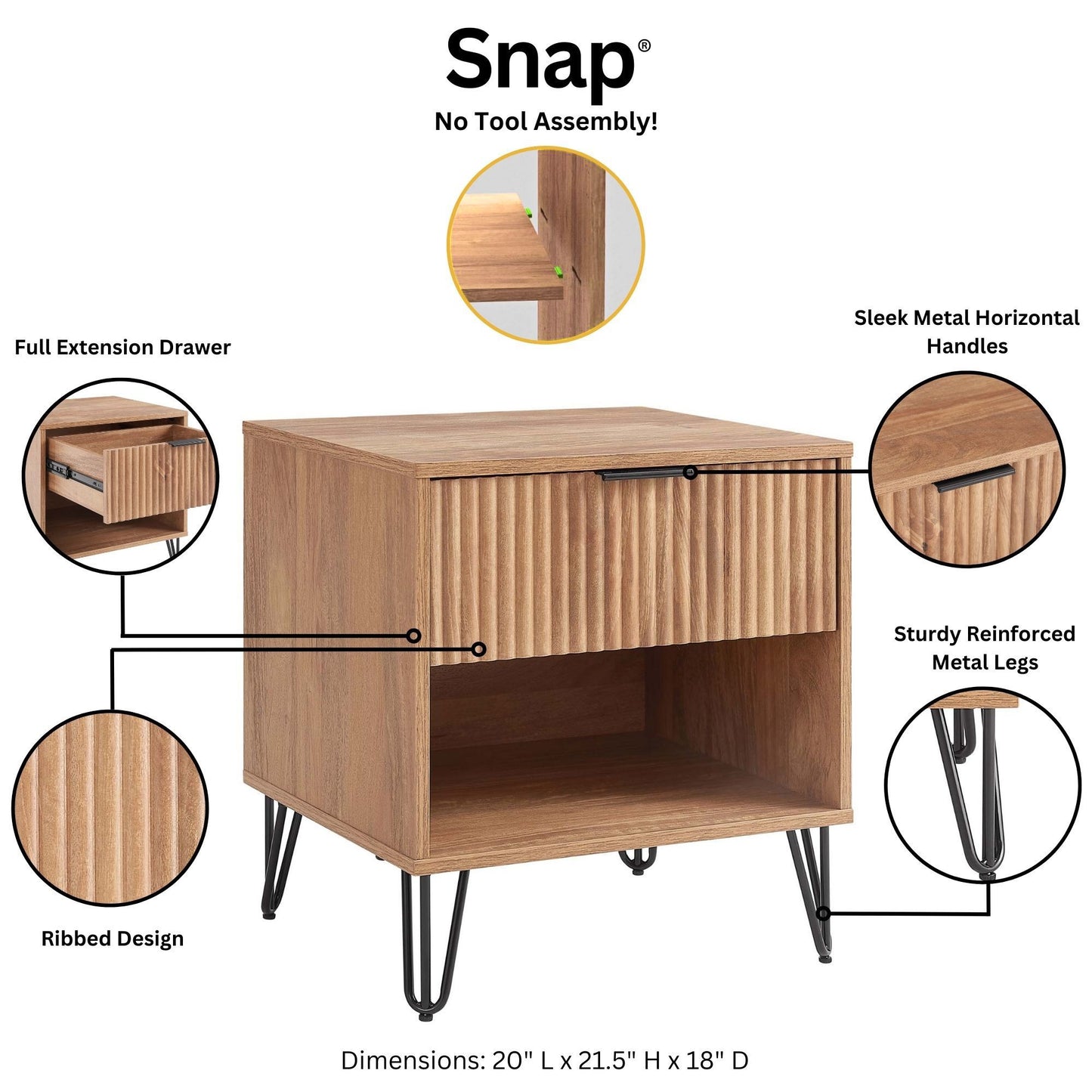 Dumbo Modern 20" Fluted Nightstand in Golden Brown (1-Drawer) - Set of 2 2-NS001-GB