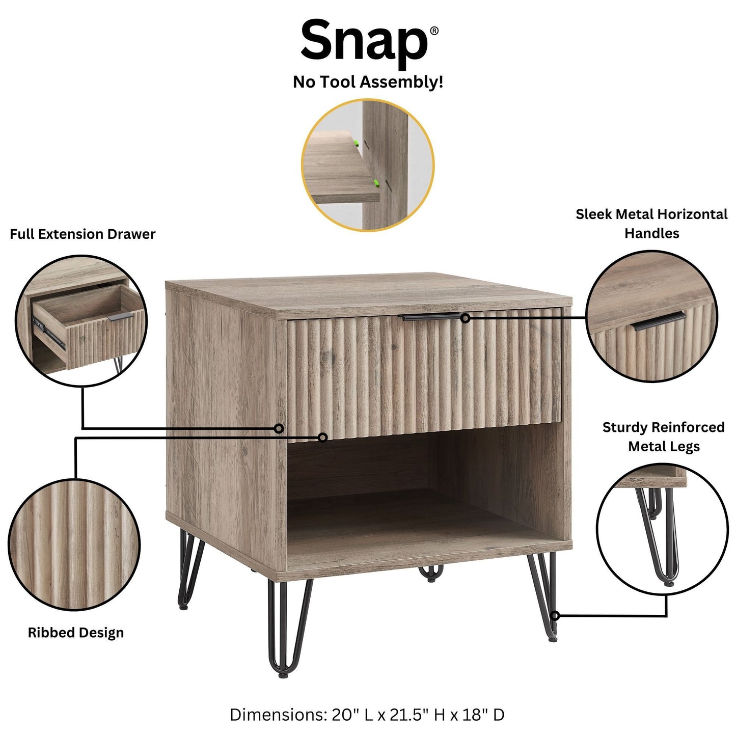 Dumbo Modern 20" Fluted Nightstand in Rustic Gray (1-Drawer) - Set of 2 2-NS001-GY