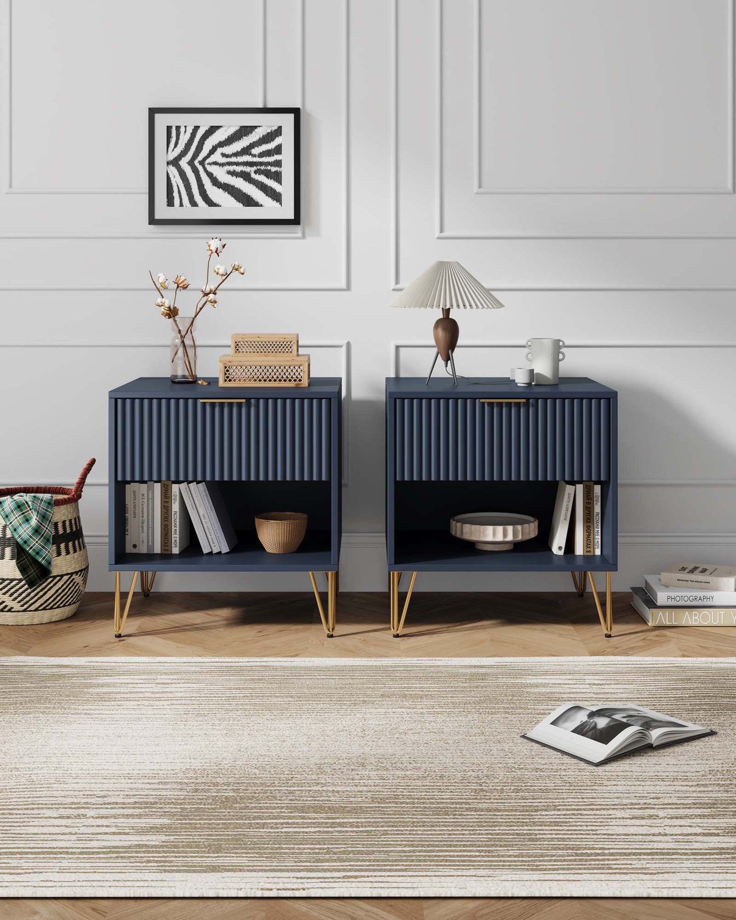 Dumbo Modern 20" Fluted Nightstand in Midnight Blue (1-Drawer) - Set of 2 2-NS001-MB