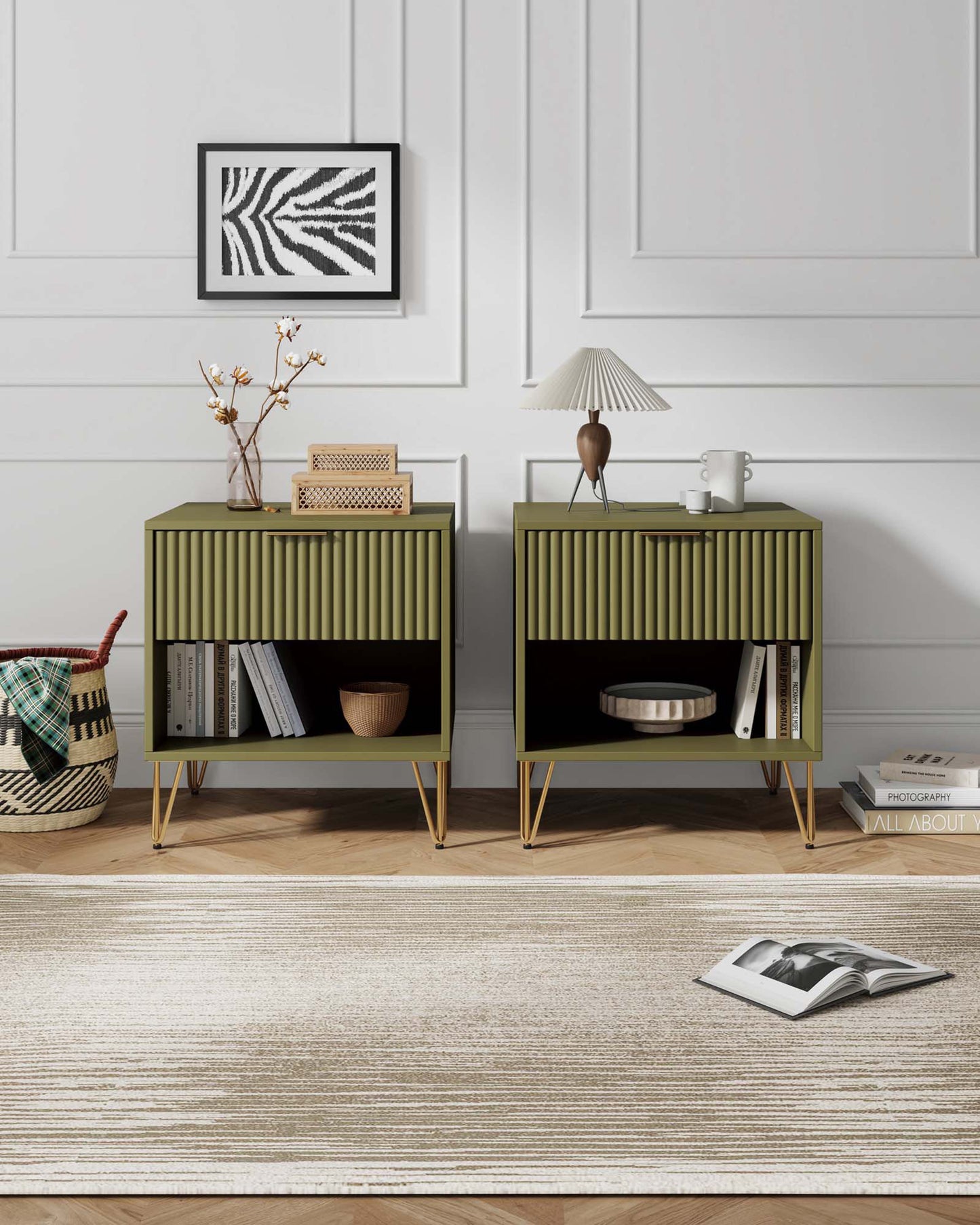 Dumbo Modern 20" Fluted Nightstand in Olive Green (1-Drawer) - Set of 2 2-NS001-OG