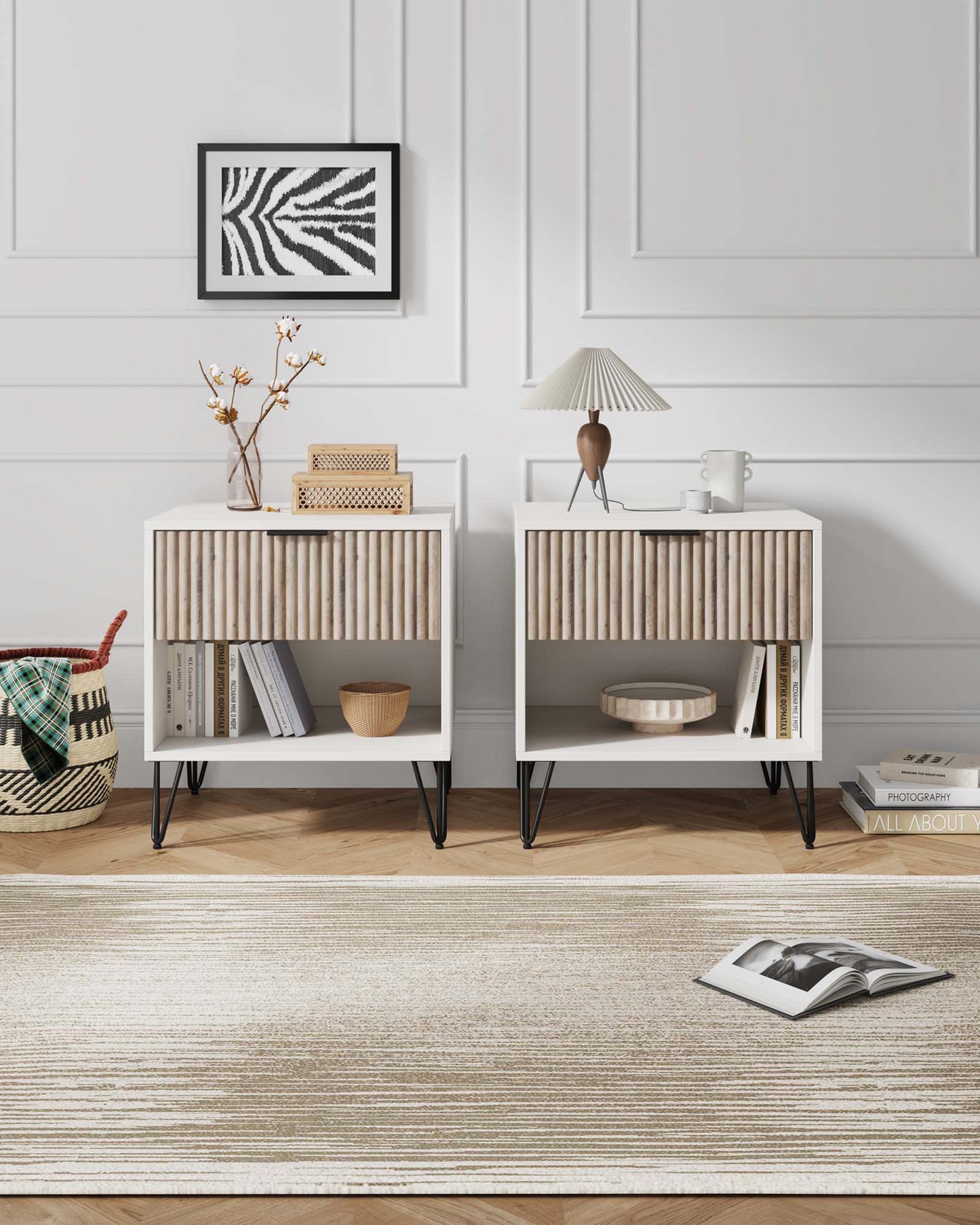 Dumbo Modern 20" Fluted Nightstand in Rustic Gray and White (1-Drawer) - Set of 2 2-NS001-WG