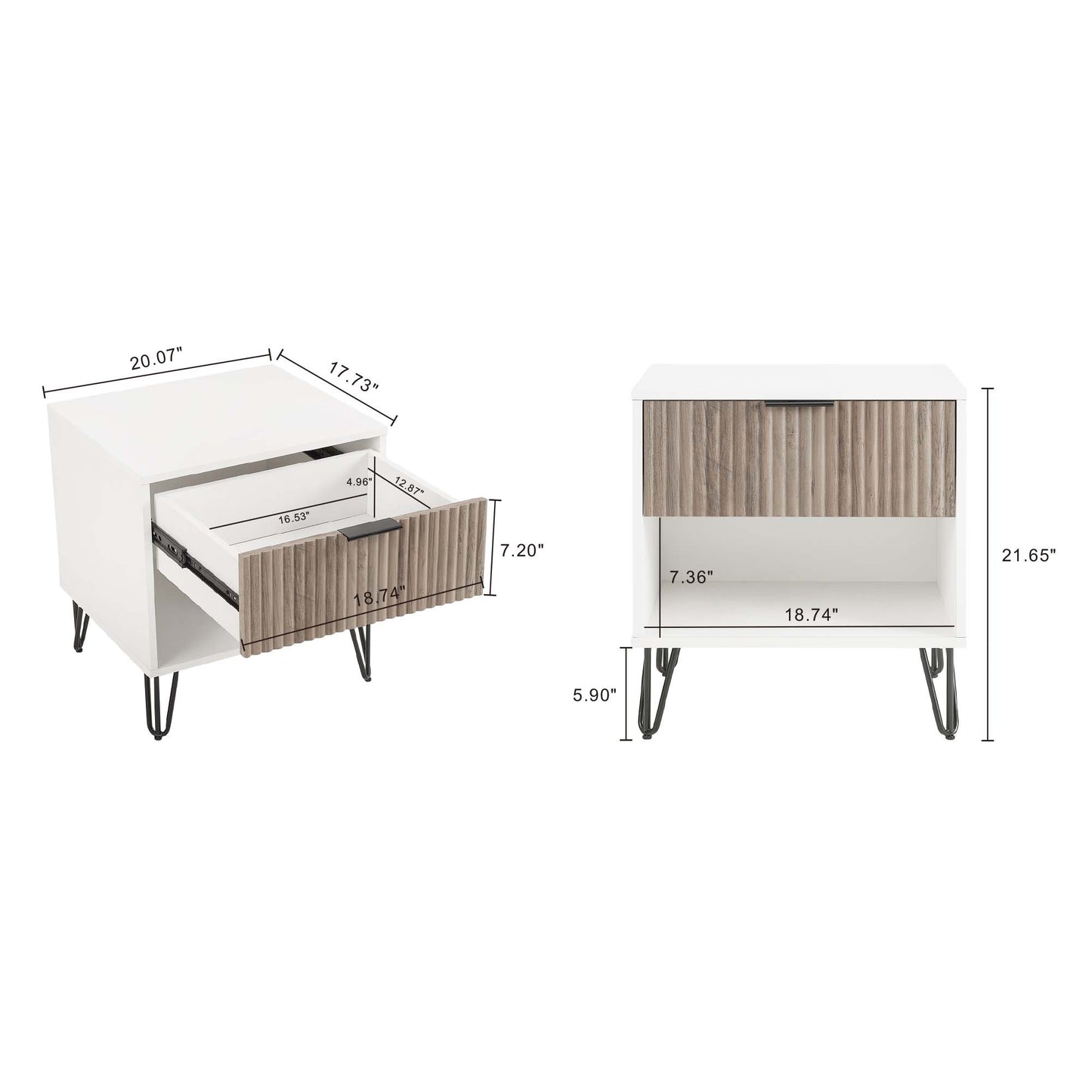 Dumbo Modern 20" Fluted Nightstand in Rustic Gray and White (1-Drawer) - Set of 2 2-NS001-WG