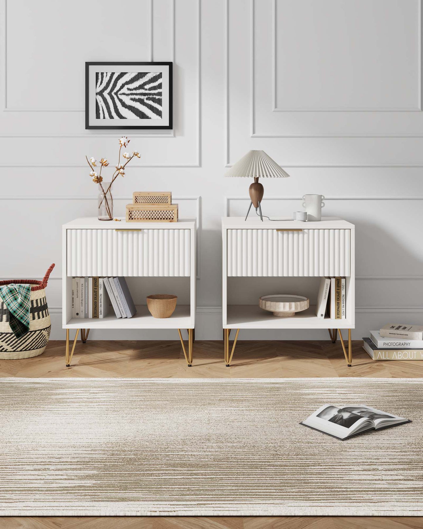 Dumbo Modern 20" Fluted Nightstand in White (1-Drawer) - Set of 2 2-NS001-WH