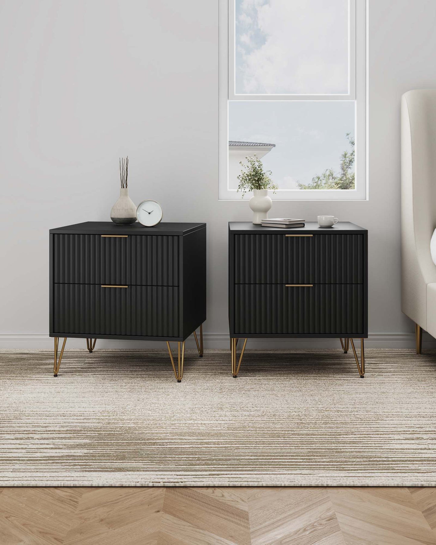 Dumbo Modern 20" Fluted Nightstand in Black (2-Drawer) - Set of 2 2-NS002-BK