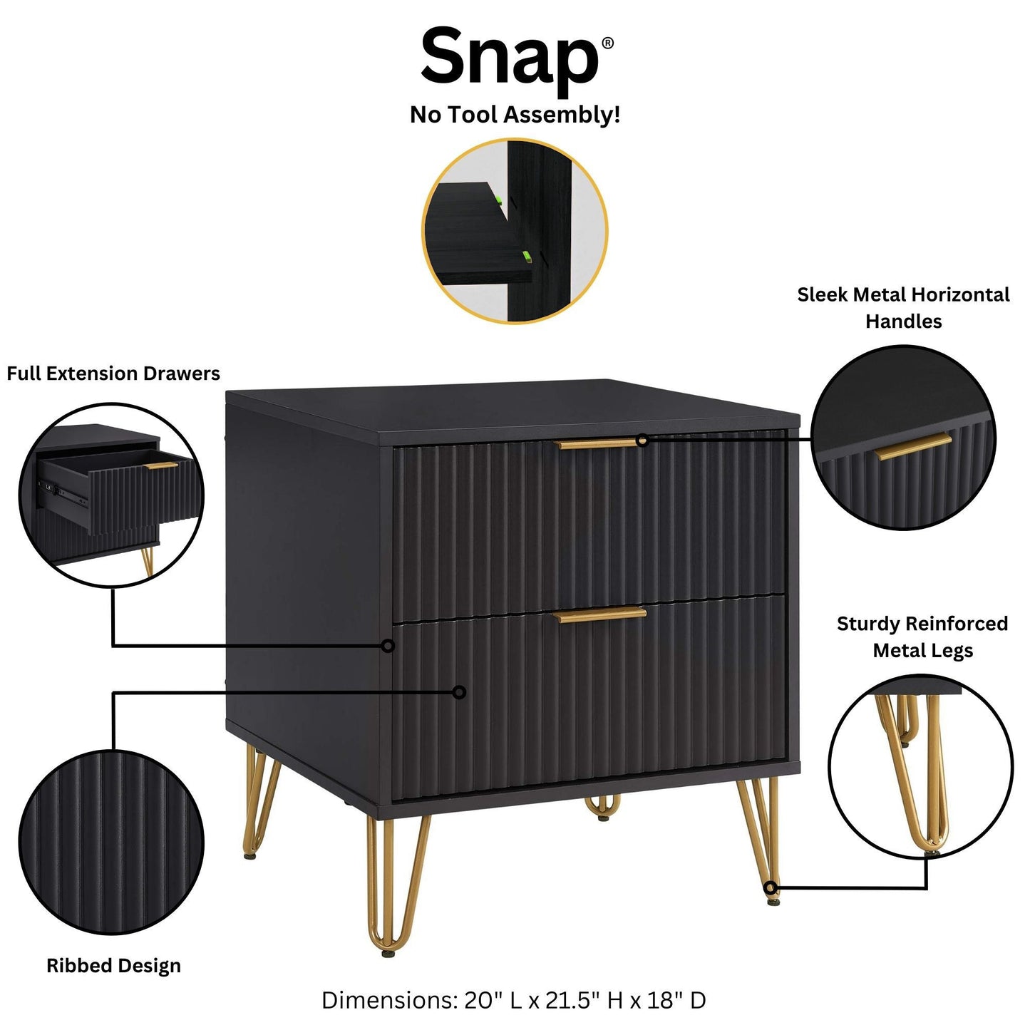 Dumbo Modern 20" Fluted Nightstand in Black (2-Drawer) - Set of 2 2-NS002-BK
