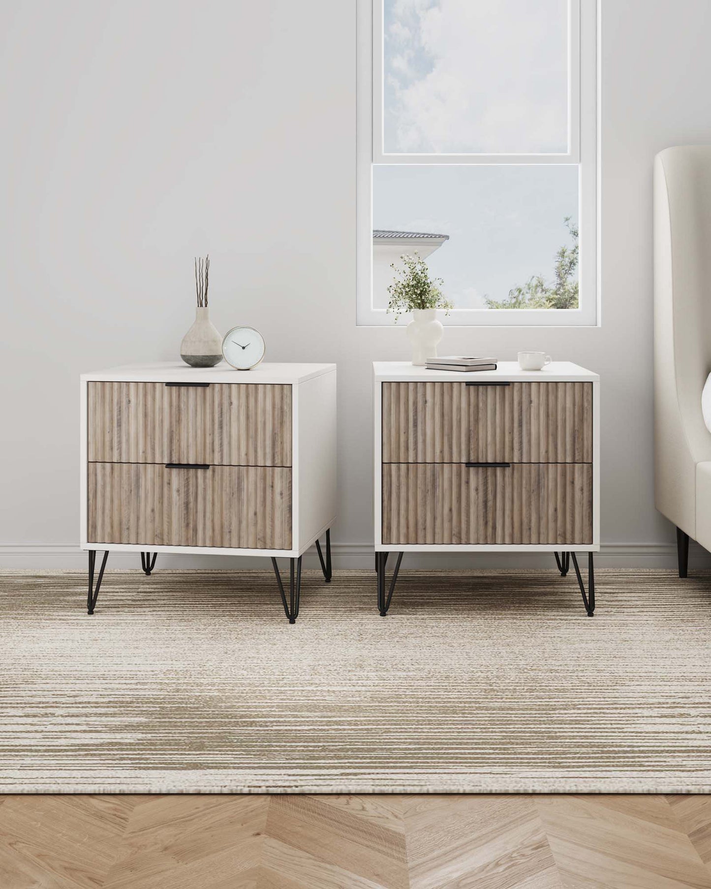 Dumbo Modern 20" Fluted Nightstand in Rustic Gray and White (2-Drawer) - Set of 2 2-NS002-WG